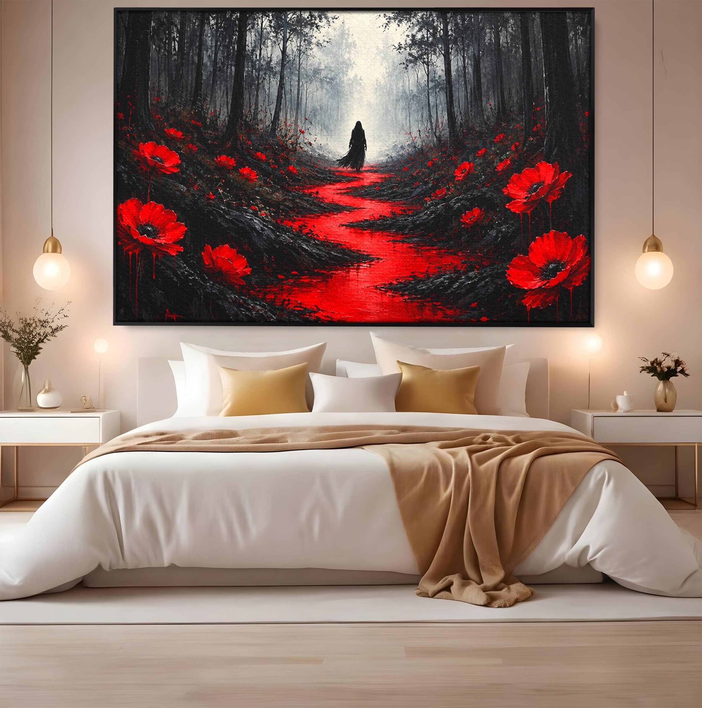Tablou Canvas Premium LuxCanva® U1040, Drumul Rosu Prin Padure, Flori, Mister, Peisaj,  Padure, Living, Dormitor, Culori Vibrante