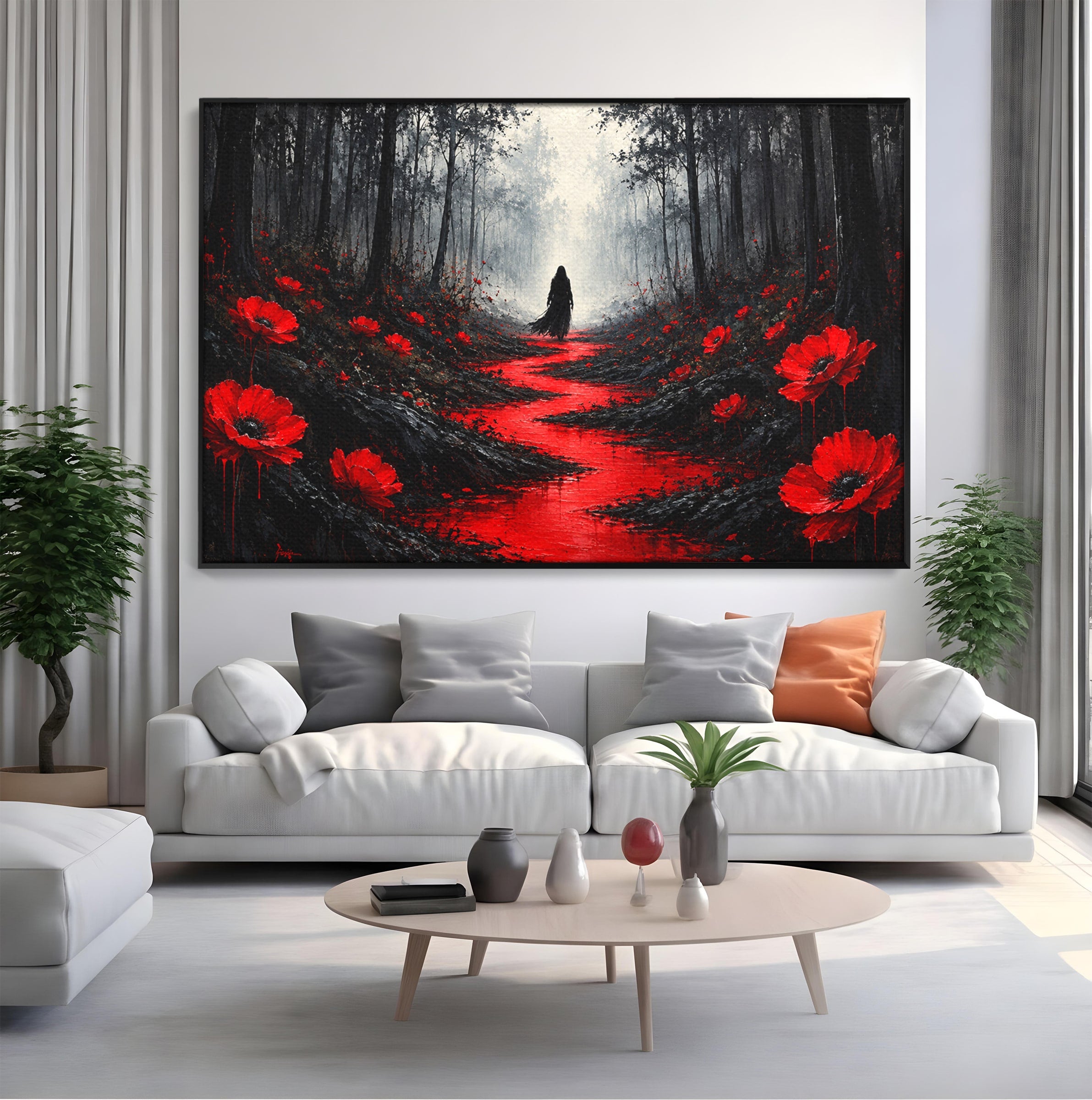 Tablou Canvas Premium LuxCanva® U1040, Drumul Rosu Prin Padure, Flori, Mister, Peisaj,  Padure, Living, Dormitor, Culori Vibrante