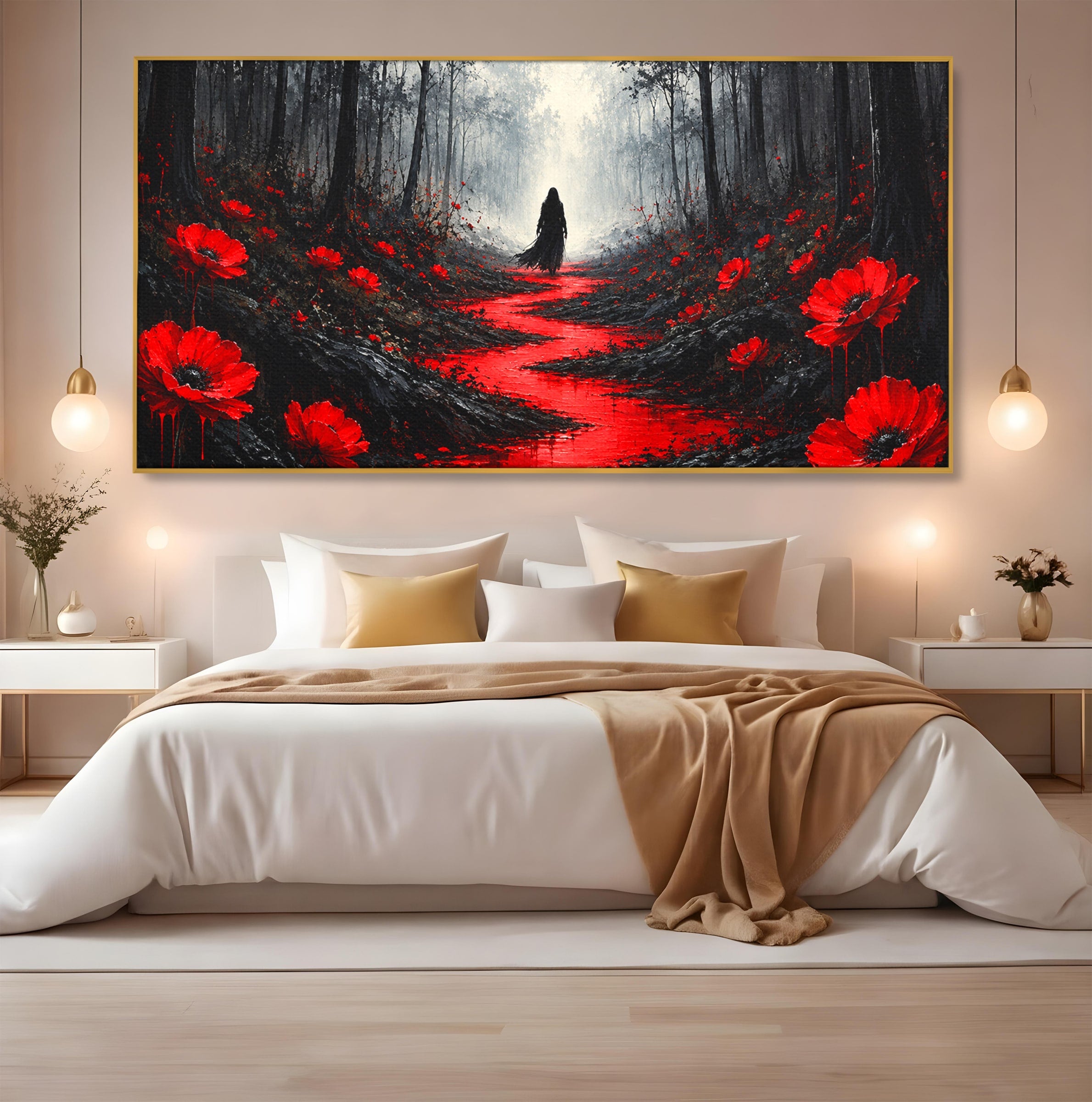 Tablou Canvas Premium LuxCanva® U1040, Drumul Rosu Prin Padure, Flori, Mister, Peisaj,  Padure, Living, Dormitor, Culori Vibrante
