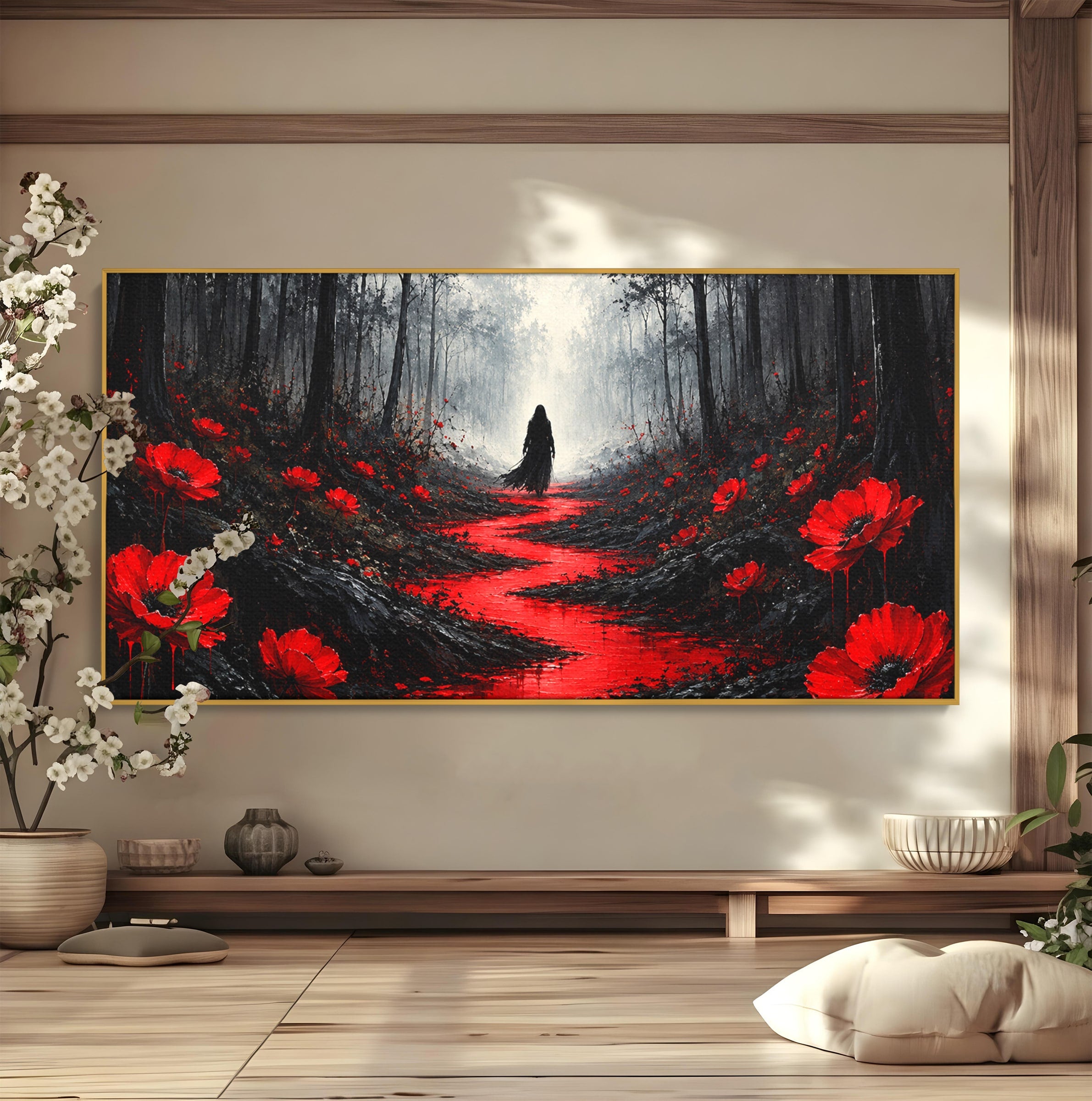 Tablou Canvas Premium LuxCanva® U1040, Drumul Rosu Prin Padure, Flori, Mister, Peisaj,  Padure, Living, Dormitor, Culori Vibrante