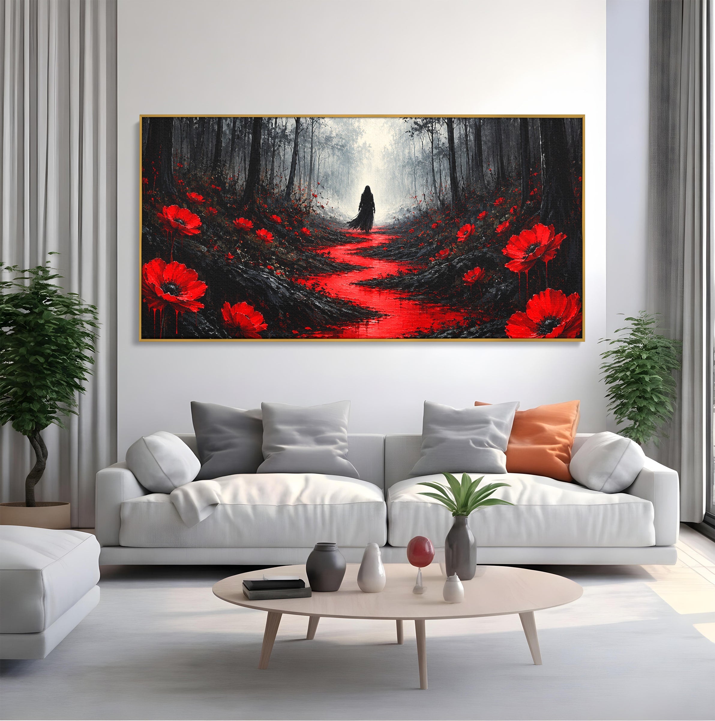 Tablou Canvas Premium LuxCanva® U1040, Drumul Rosu Prin Padure, Flori, Mister, Peisaj,  Padure, Living, Dormitor, Culori Vibrante