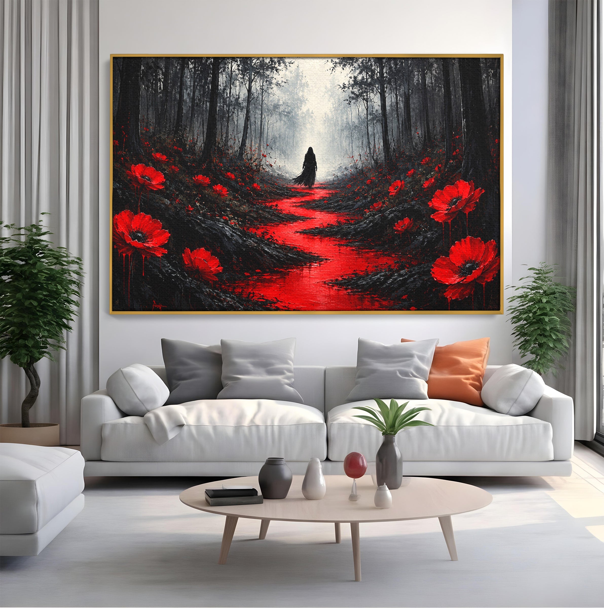 Tablou Canvas Premium LuxCanva® U1040, Drumul Rosu Prin Padure, Flori, Mister, Peisaj,  Padure, Living, Dormitor, Culori Vibrante