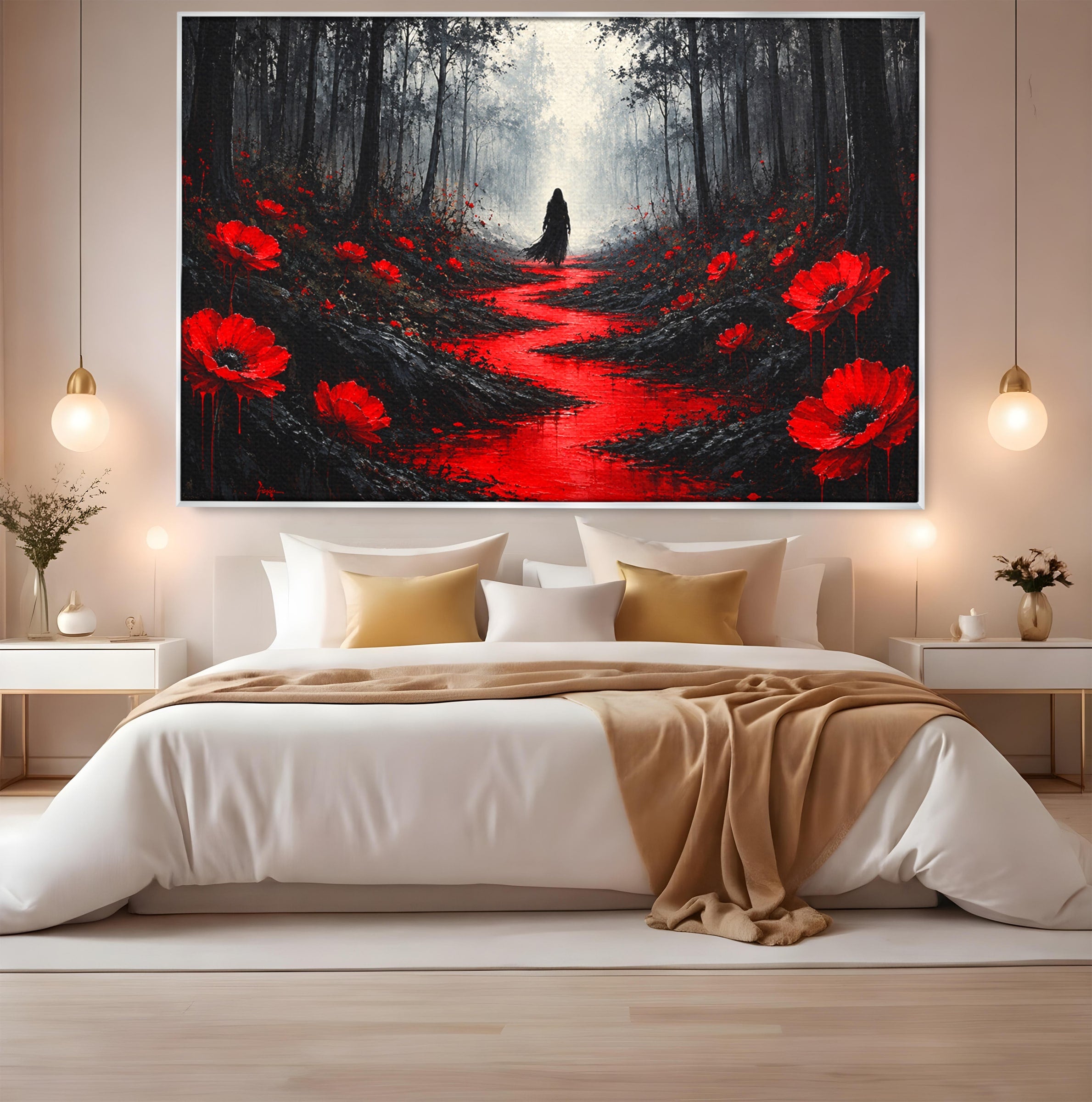 Tablou Canvas Premium LuxCanva® U1040, Drumul Rosu Prin Padure, Flori, Mister, Peisaj,  Padure, Living, Dormitor, Culori Vibrante