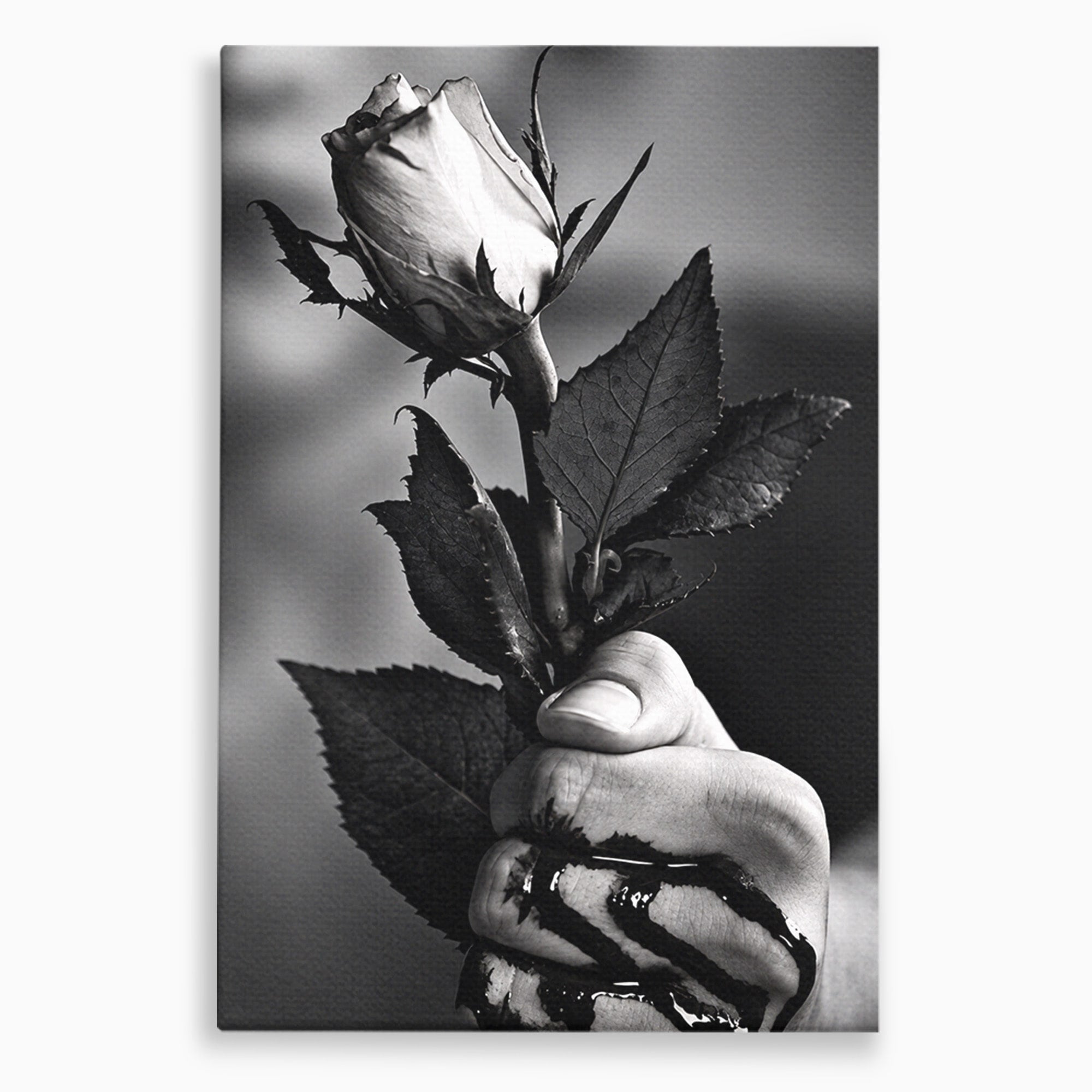 Tablou Canvas Premium LuxCanva® U1041, Trandafir In Mana, Alb-Negru, Contrast, Arta, Trandafir,  Dormitor, Culori Vibrante