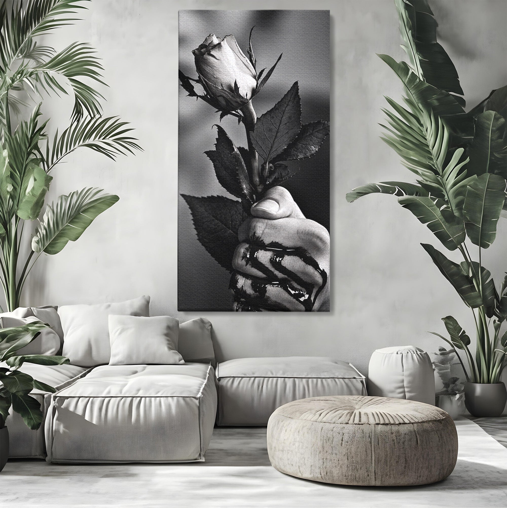 Tablou Canvas Premium LuxCanva® U1041, Trandafir In Mana, Alb-Negru, Contrast, Arta, Trandafir,  Dormitor, Culori Vibrante