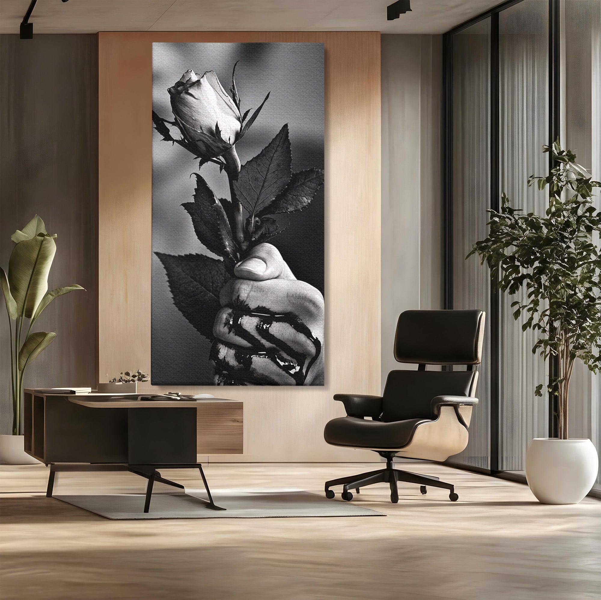 Tablou Canvas Premium LuxCanva® U1041, Trandafir In Mana, Alb-Negru, Contrast, Arta, Trandafir,  Dormitor, Culori Vibrante