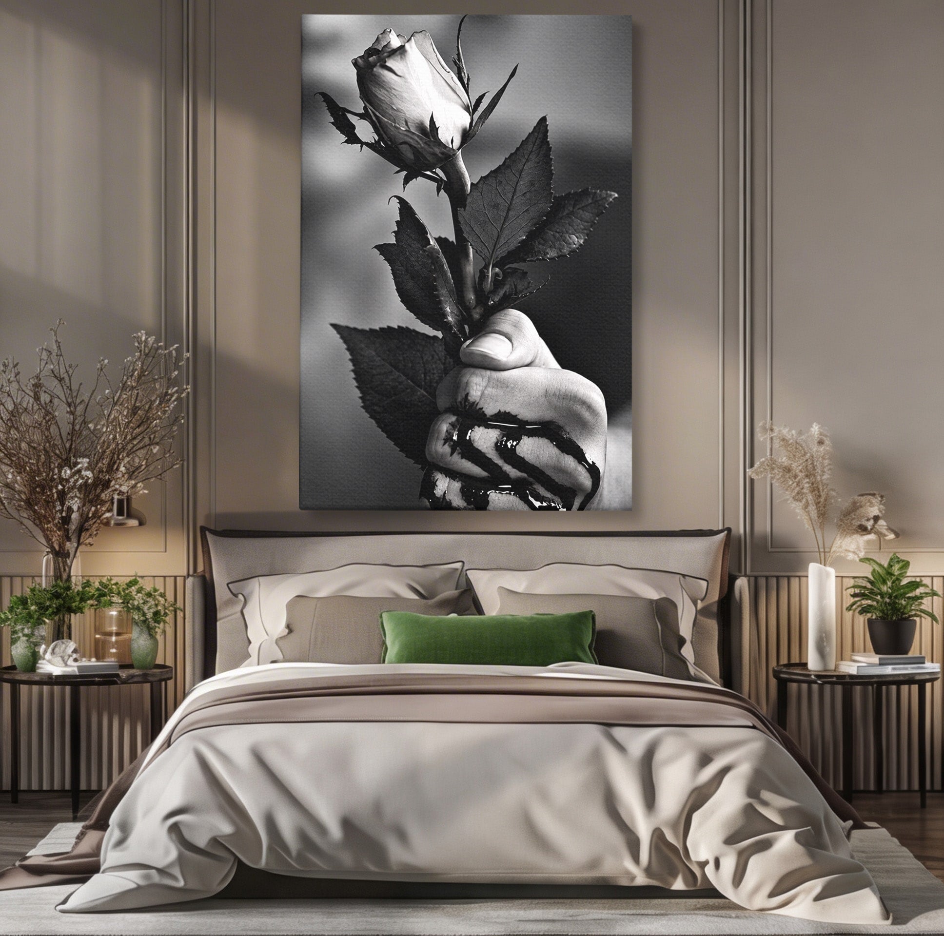 Tablou Canvas Premium LuxCanva® U1041, Trandafir In Mana, Alb-Negru, Contrast, Arta, Trandafir,  Dormitor, Culori Vibrante