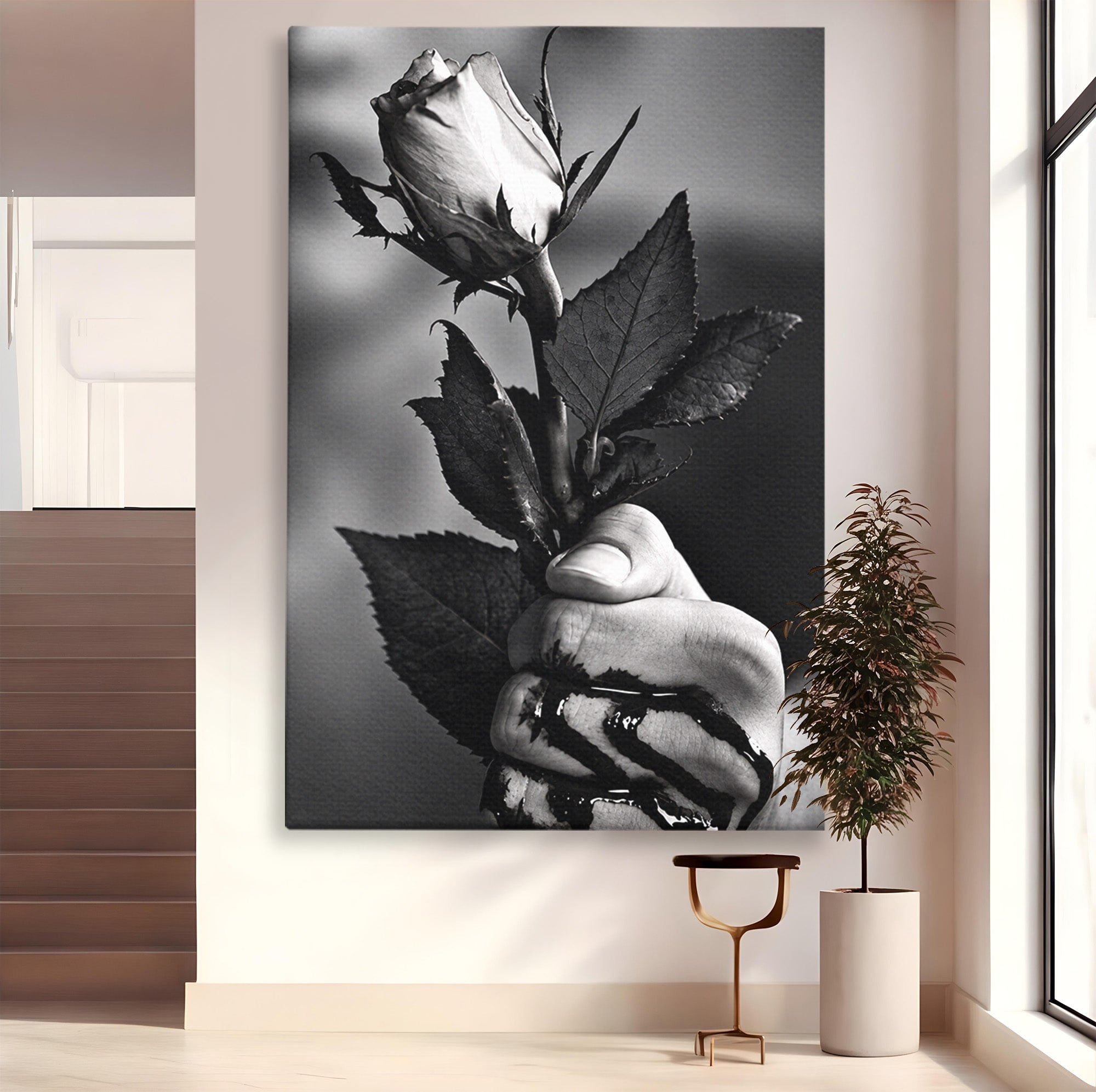 Tablou Canvas Premium LuxCanva® U1041, Trandafir In Mana, Alb-Negru, Contrast, Arta, Trandafir,  Dormitor, Culori Vibrante