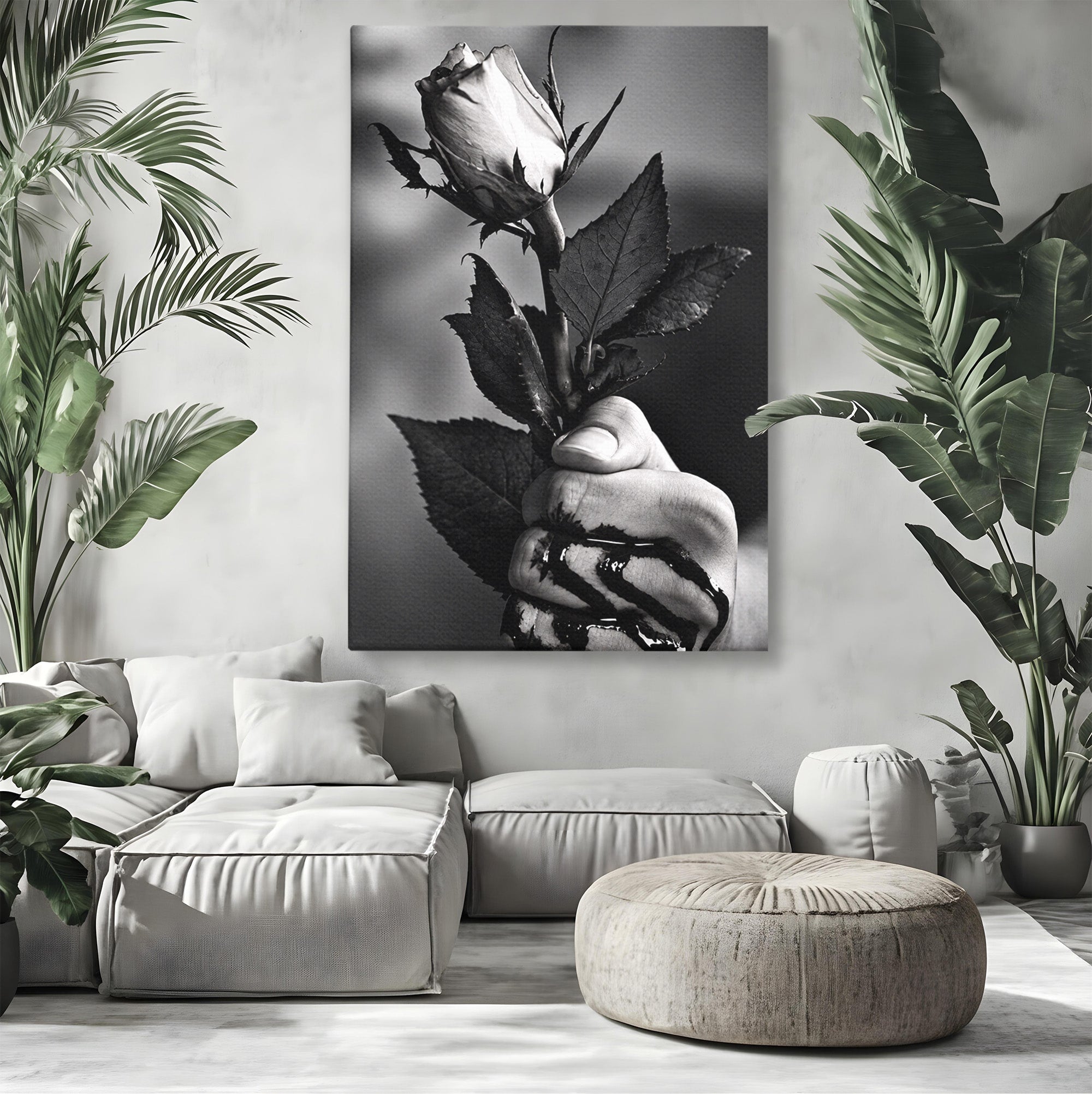 Tablou Canvas Premium LuxCanva® U1041, Trandafir In Mana, Alb-Negru, Contrast, Arta, Trandafir,  Dormitor, Culori Vibrante