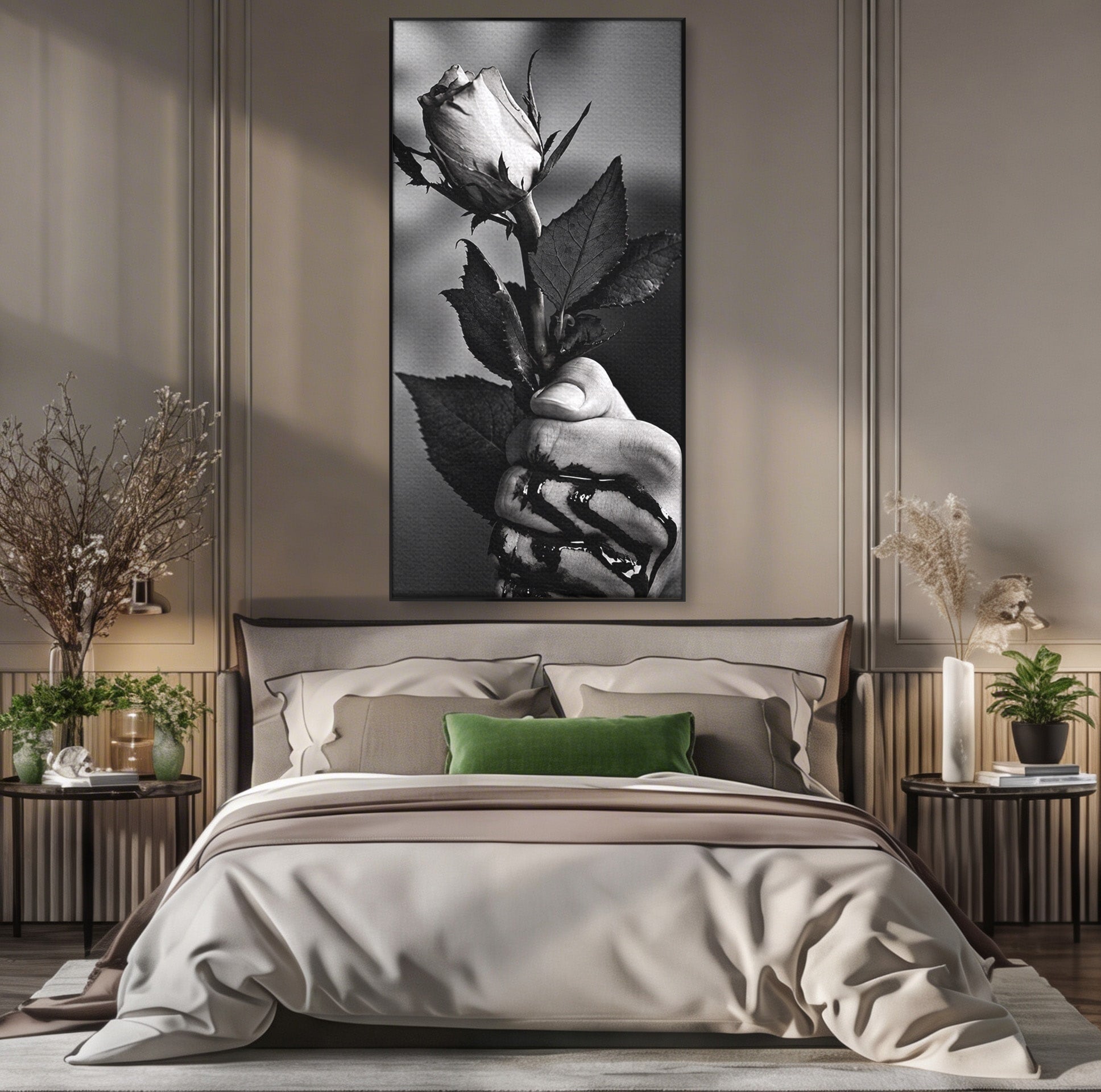 Tablou Canvas Premium LuxCanva® U1041, Trandafir In Mana, Alb-Negru, Contrast, Arta, Trandafir,  Dormitor, Culori Vibrante