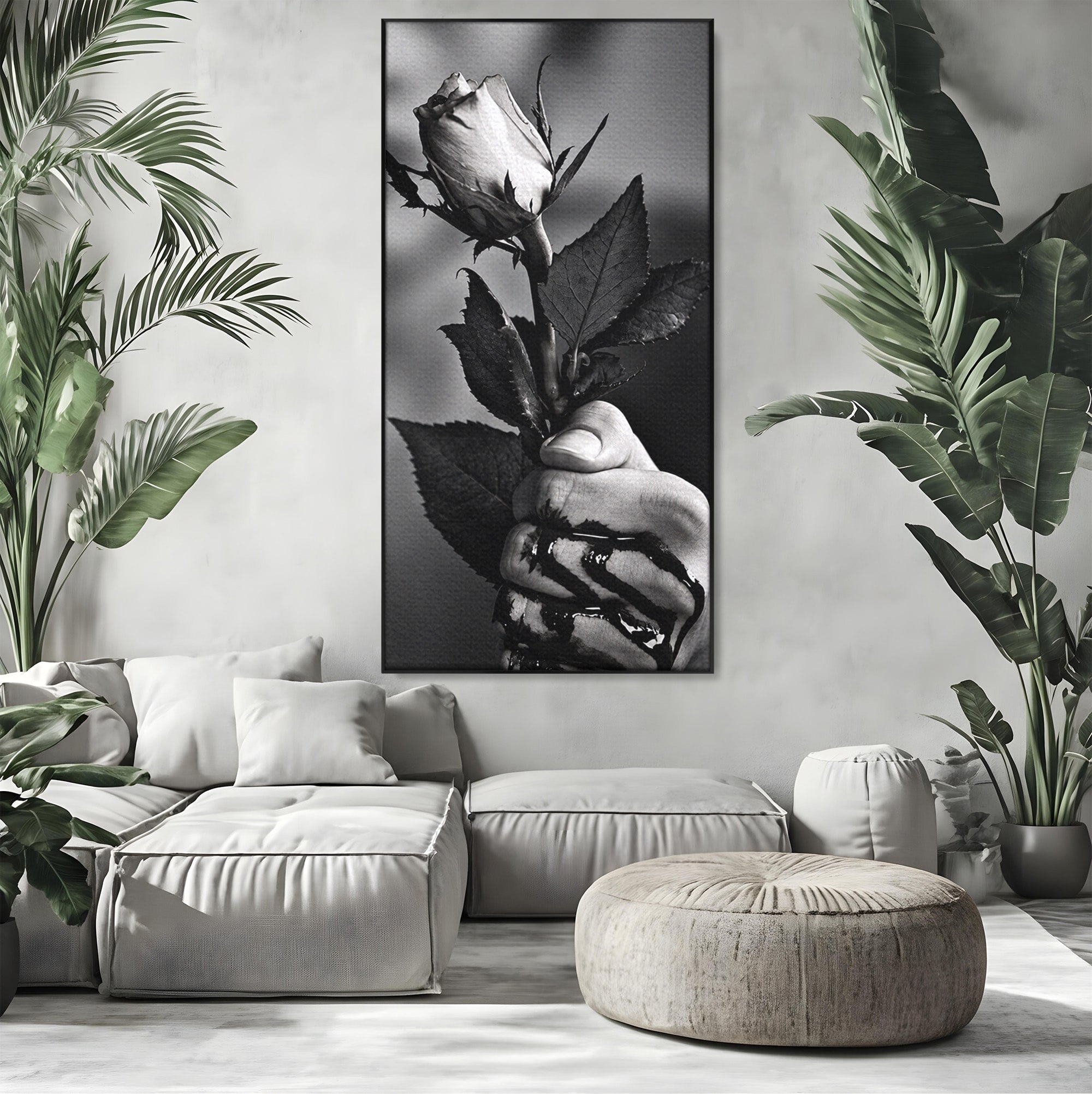 Tablou Canvas Premium LuxCanva® U1041, Trandafir In Mana, Alb-Negru, Contrast, Arta, Trandafir,  Dormitor, Culori Vibrante
