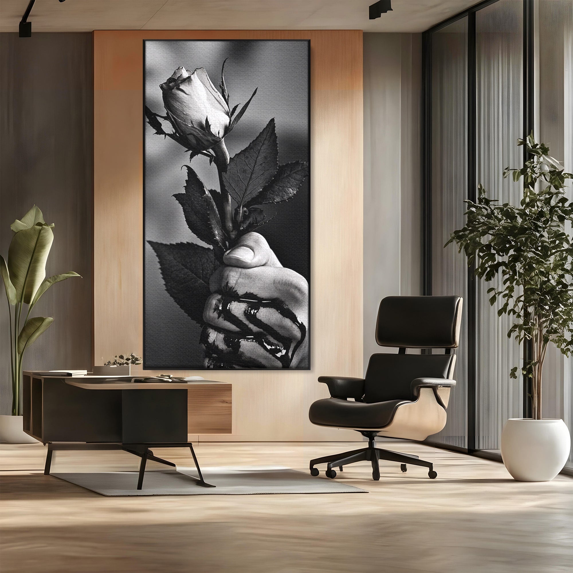 Tablou Canvas Premium LuxCanva® U1041, Trandafir In Mana, Alb-Negru, Contrast, Arta, Trandafir,  Dormitor, Culori Vibrante