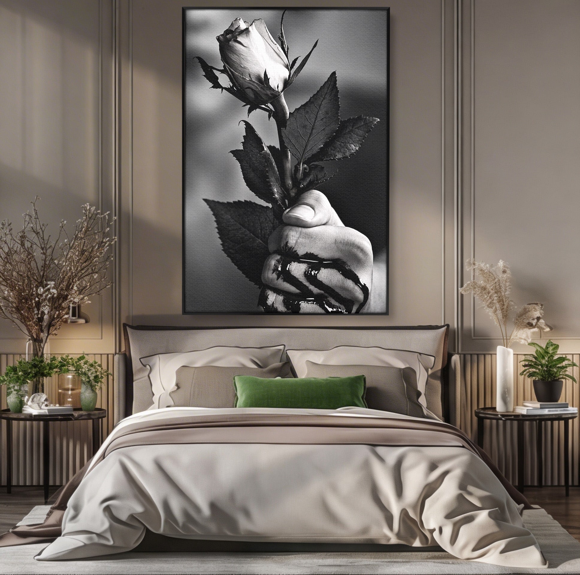 Tablou Canvas Premium LuxCanva® U1041, Trandafir In Mana, Alb-Negru, Contrast, Arta, Trandafir,  Dormitor, Culori Vibrante