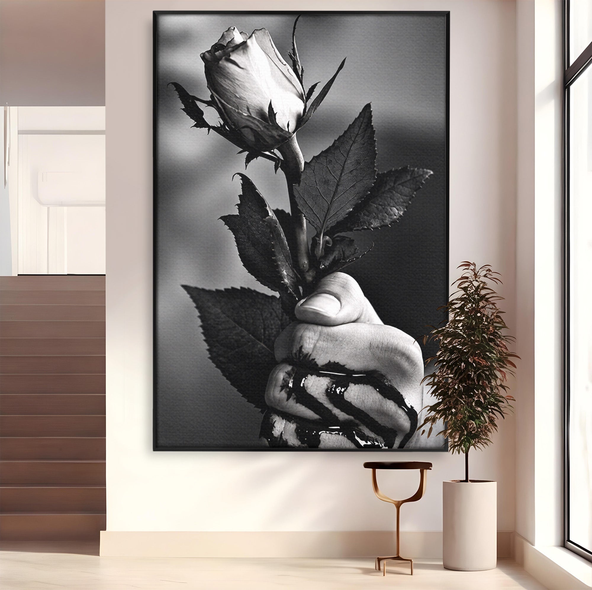 Tablou Canvas Premium LuxCanva® U1041, Trandafir In Mana, Alb-Negru, Contrast, Arta, Trandafir,  Dormitor, Culori Vibrante