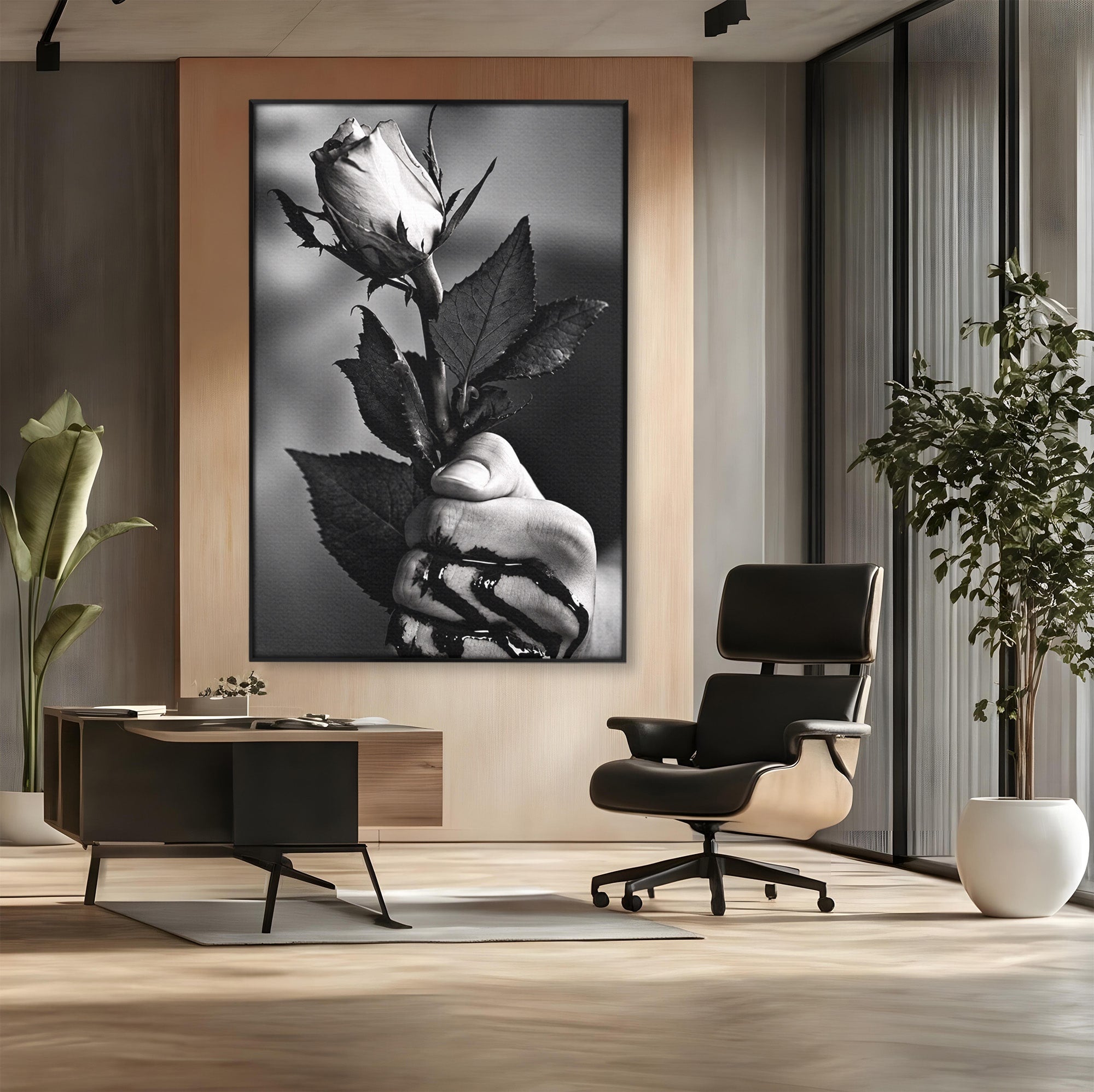 Tablou Canvas Premium LuxCanva® U1041, Trandafir In Mana, Alb-Negru, Contrast, Arta, Trandafir,  Dormitor, Culori Vibrante