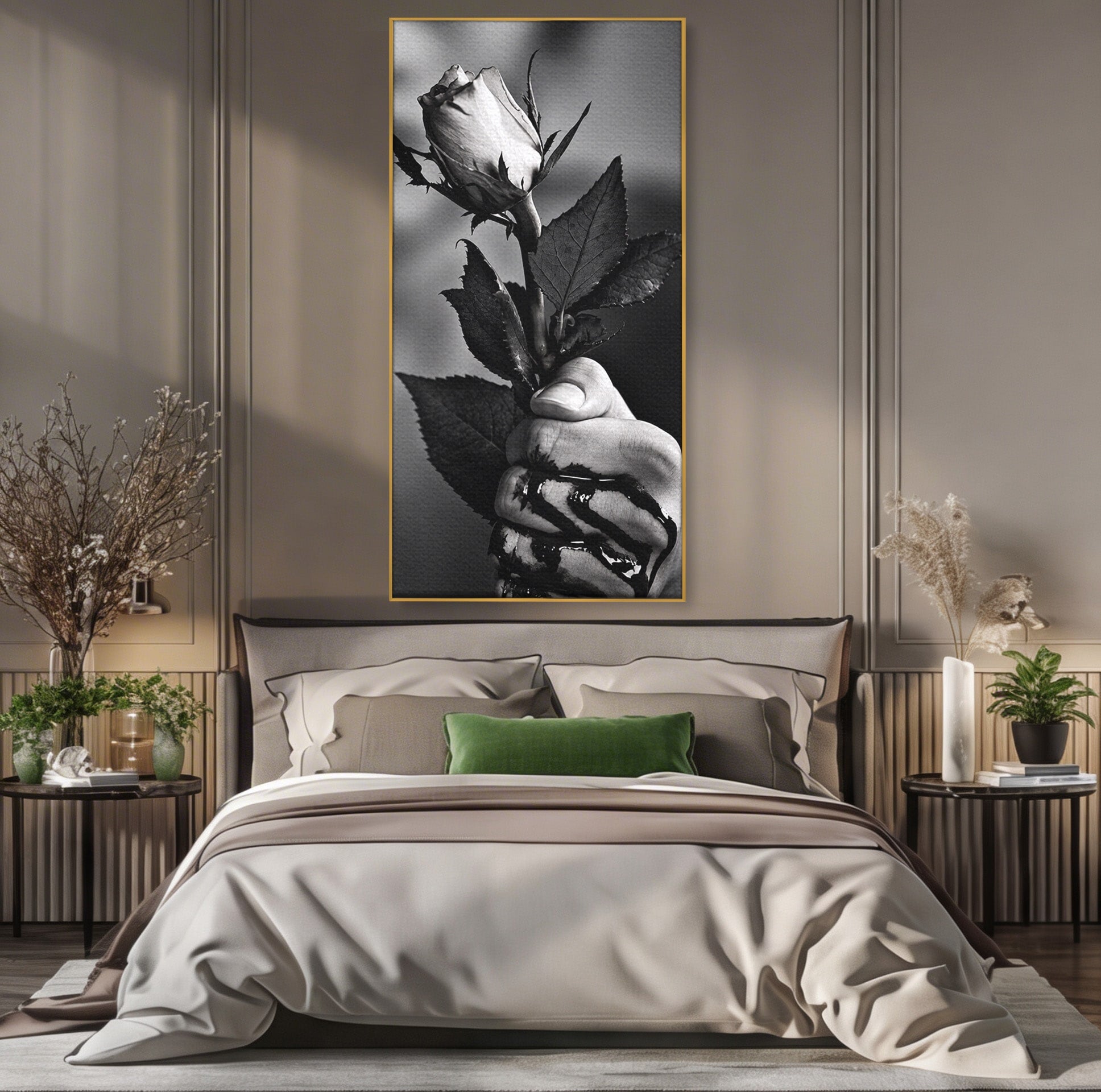 Tablou Canvas Premium LuxCanva® U1041, Trandafir In Mana, Alb-Negru, Contrast, Arta, Trandafir,  Dormitor, Culori Vibrante