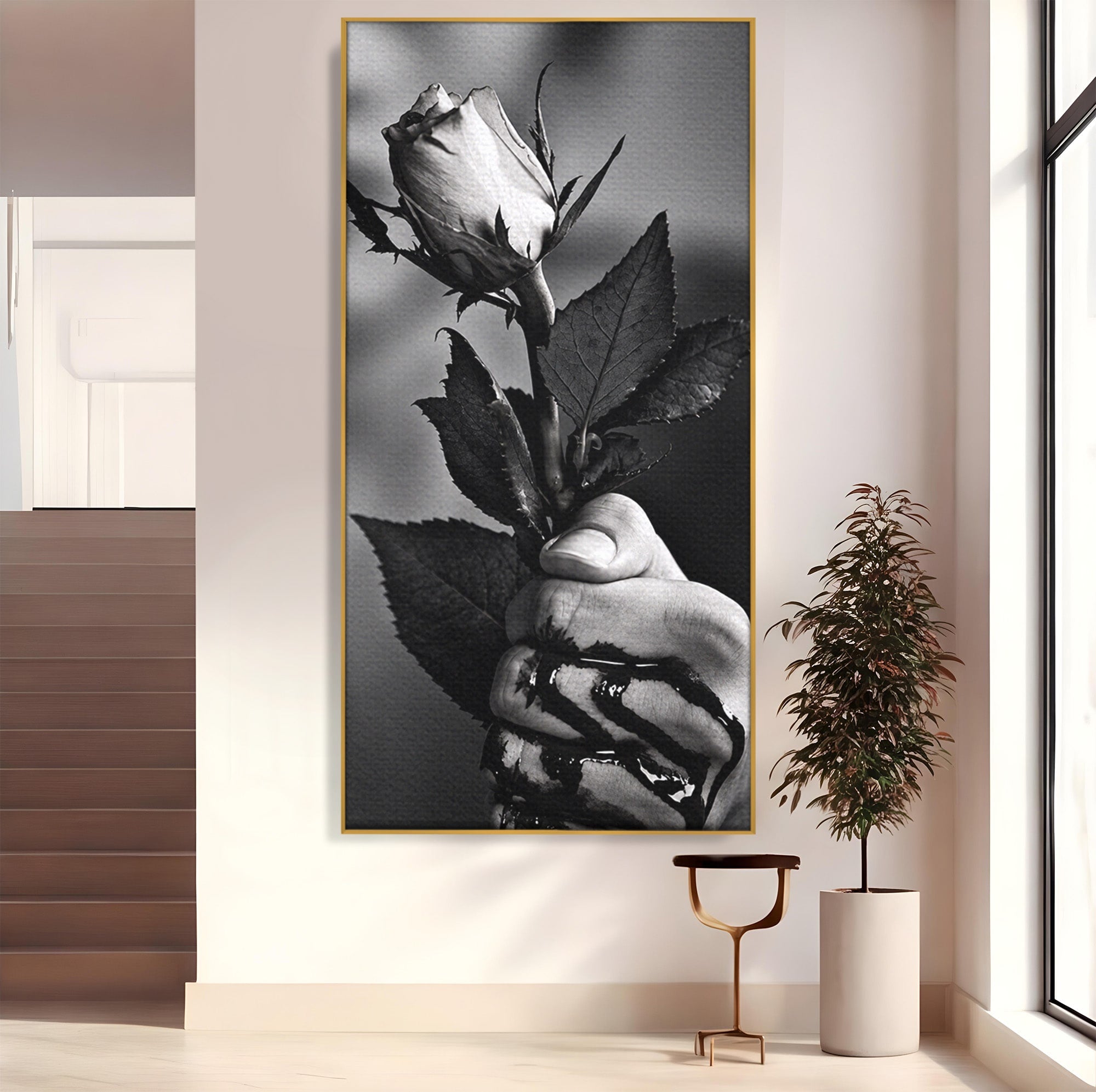 Tablou Canvas Premium LuxCanva® U1041, Trandafir In Mana, Alb-Negru, Contrast, Arta, Trandafir,  Dormitor, Culori Vibrante