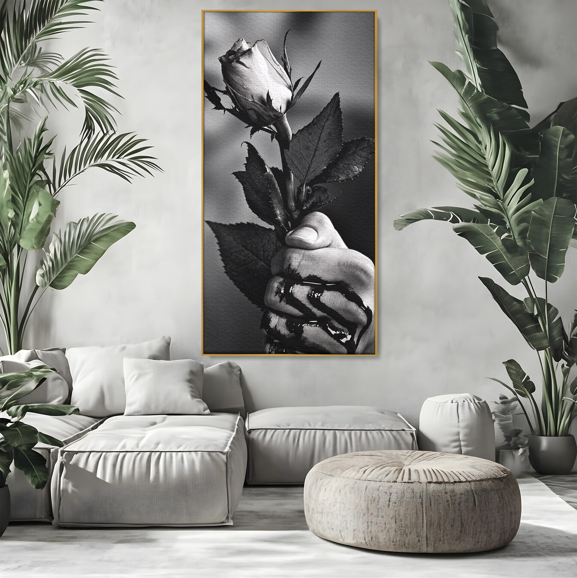 Tablou Canvas Premium LuxCanva® U1041, Trandafir In Mana, Alb-Negru, Contrast, Arta, Trandafir,  Dormitor, Culori Vibrante