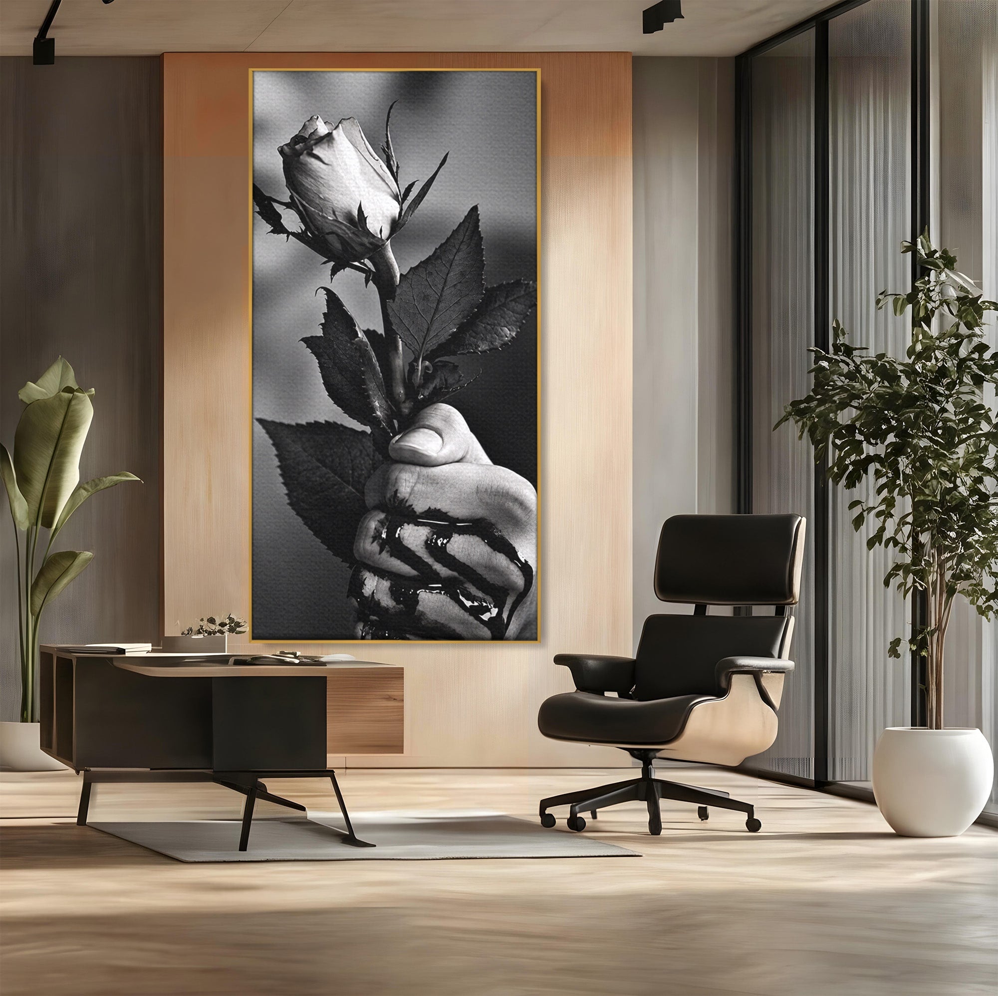 Tablou Canvas Premium LuxCanva® U1041, Trandafir In Mana, Alb-Negru, Contrast, Arta, Trandafir,  Dormitor, Culori Vibrante