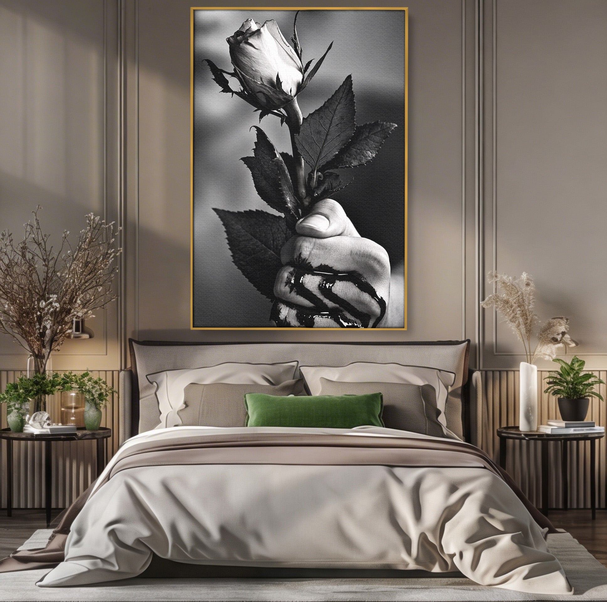Tablou Canvas Premium LuxCanva® U1041, Trandafir In Mana, Alb-Negru, Contrast, Arta, Trandafir,  Dormitor, Culori Vibrante