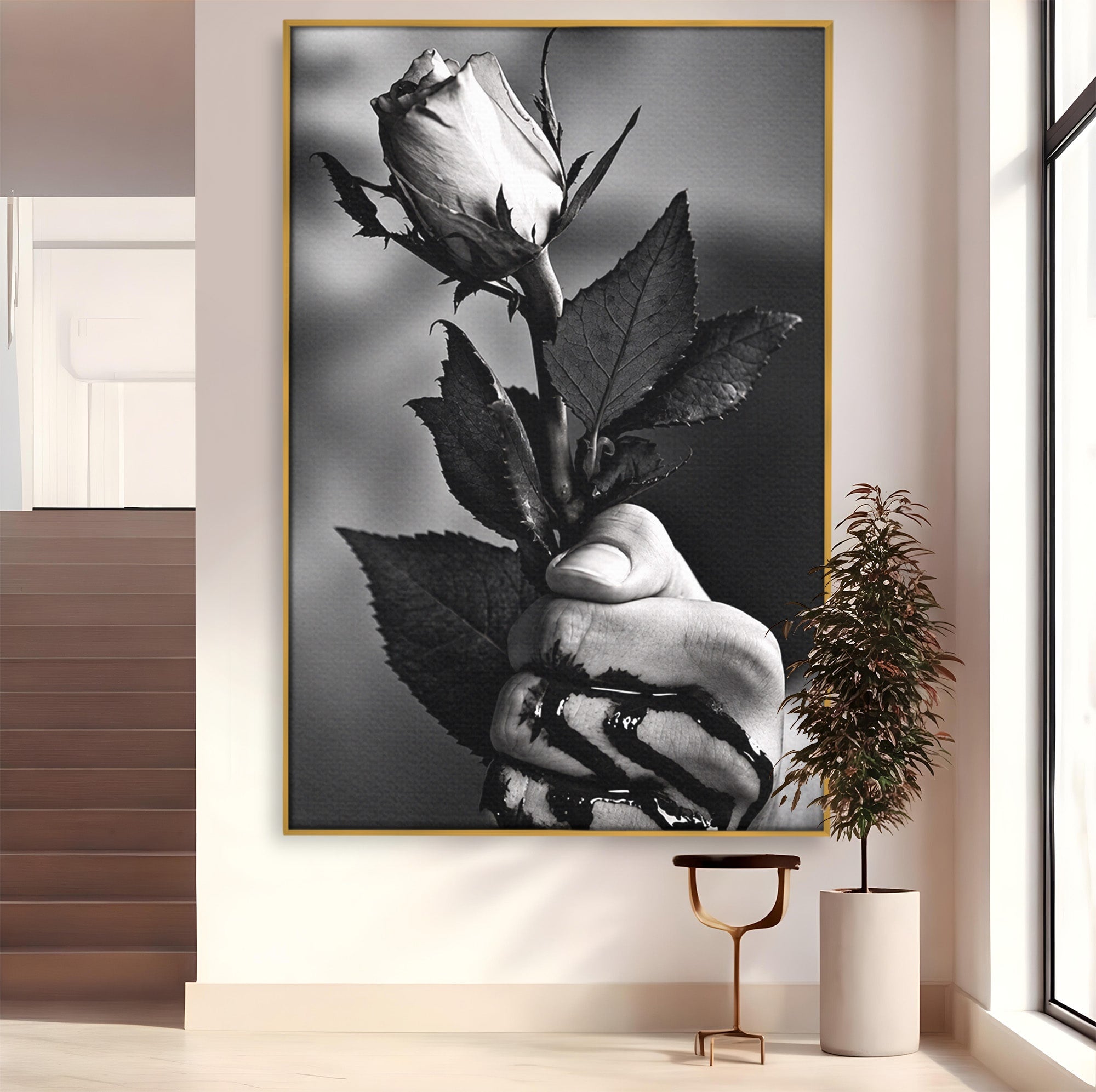Tablou Canvas Premium LuxCanva® U1041, Trandafir In Mana, Alb-Negru, Contrast, Arta, Trandafir,  Dormitor, Culori Vibrante