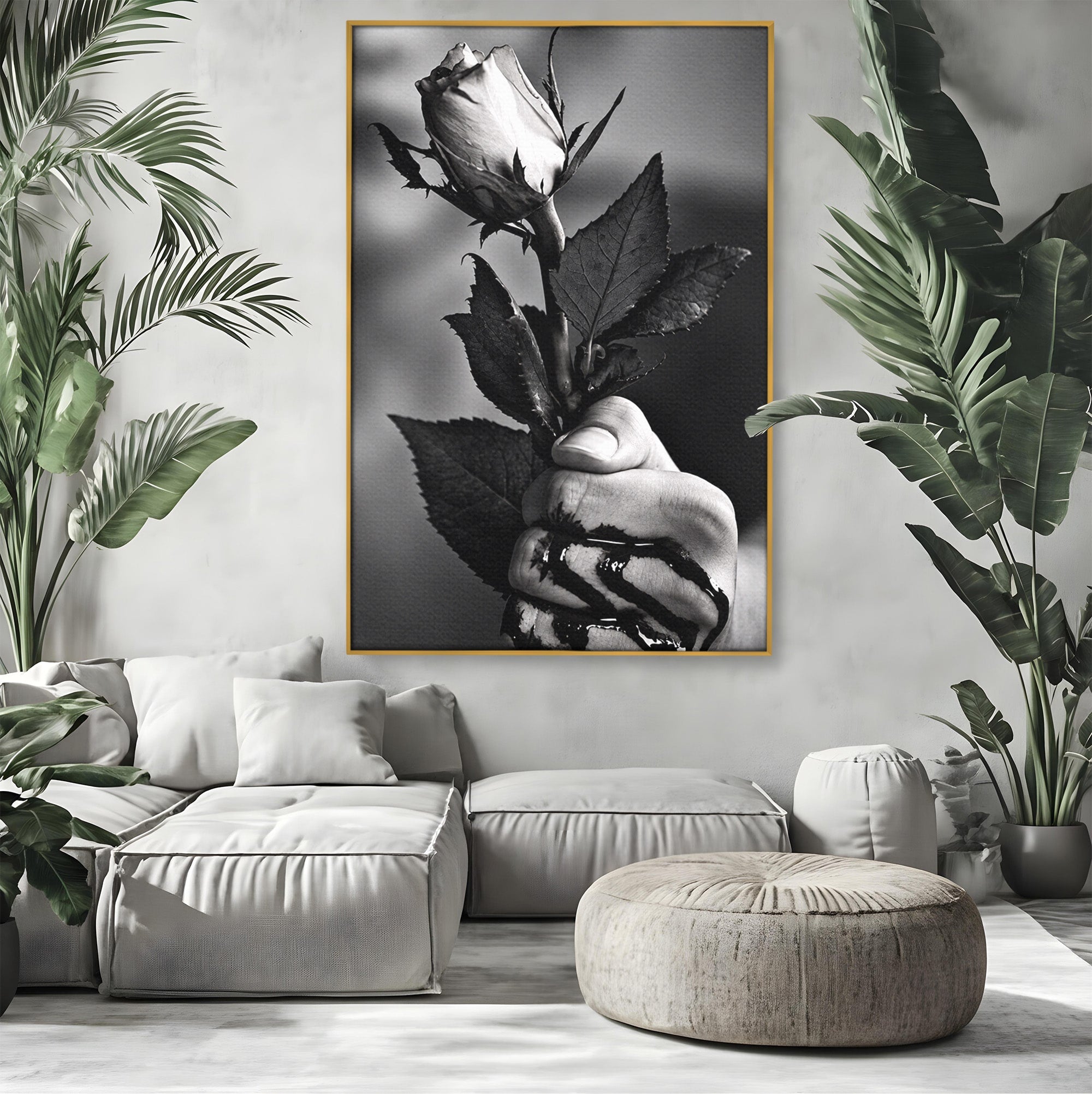 Tablou Canvas Premium LuxCanva® U1041, Trandafir In Mana, Alb-Negru, Contrast, Arta, Trandafir,  Dormitor, Culori Vibrante