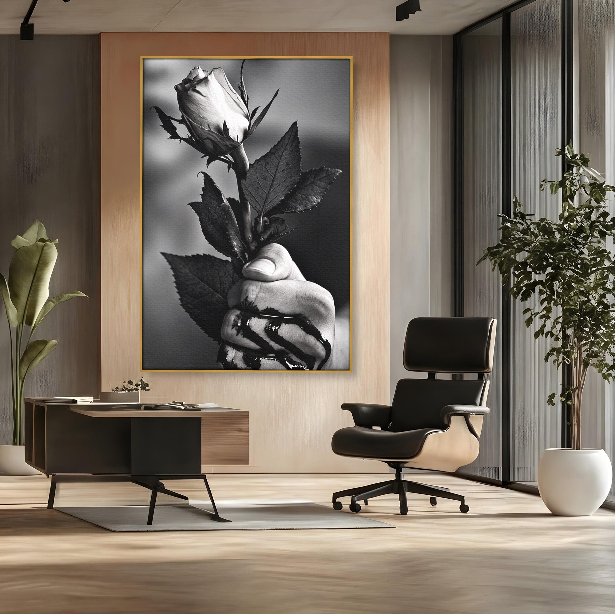 Tablou Canvas Premium LuxCanva® U1041, Trandafir In Mana, Alb-Negru, Contrast, Arta, Trandafir,  Dormitor, Culori Vibrante