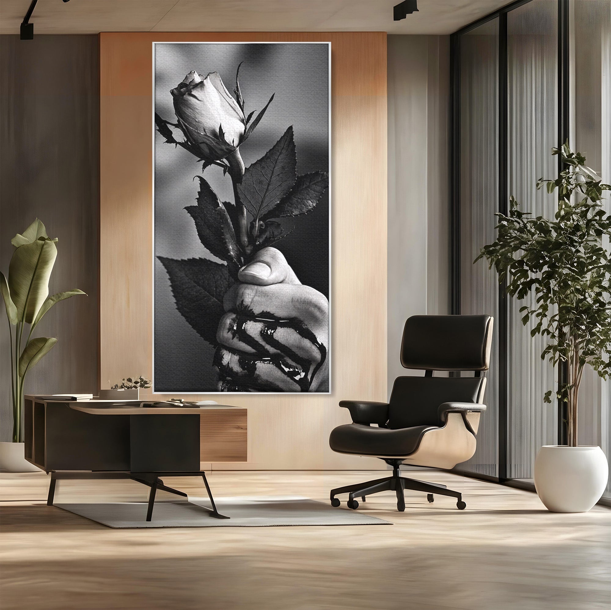Tablou Canvas Premium LuxCanva® U1041, Trandafir In Mana, Alb-Negru, Contrast, Arta, Trandafir,  Dormitor, Culori Vibrante