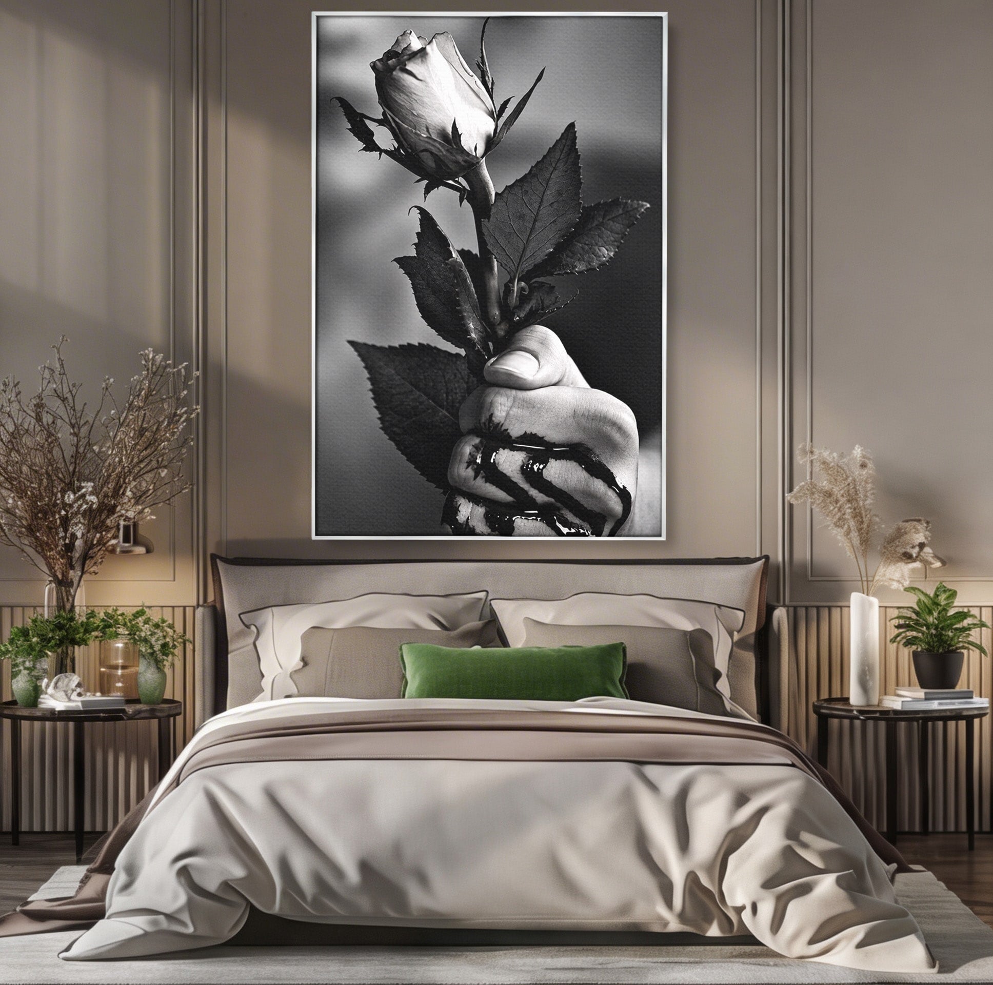 Tablou Canvas Premium LuxCanva® U1041, Trandafir In Mana, Alb-Negru, Contrast, Arta, Trandafir,  Dormitor, Culori Vibrante
