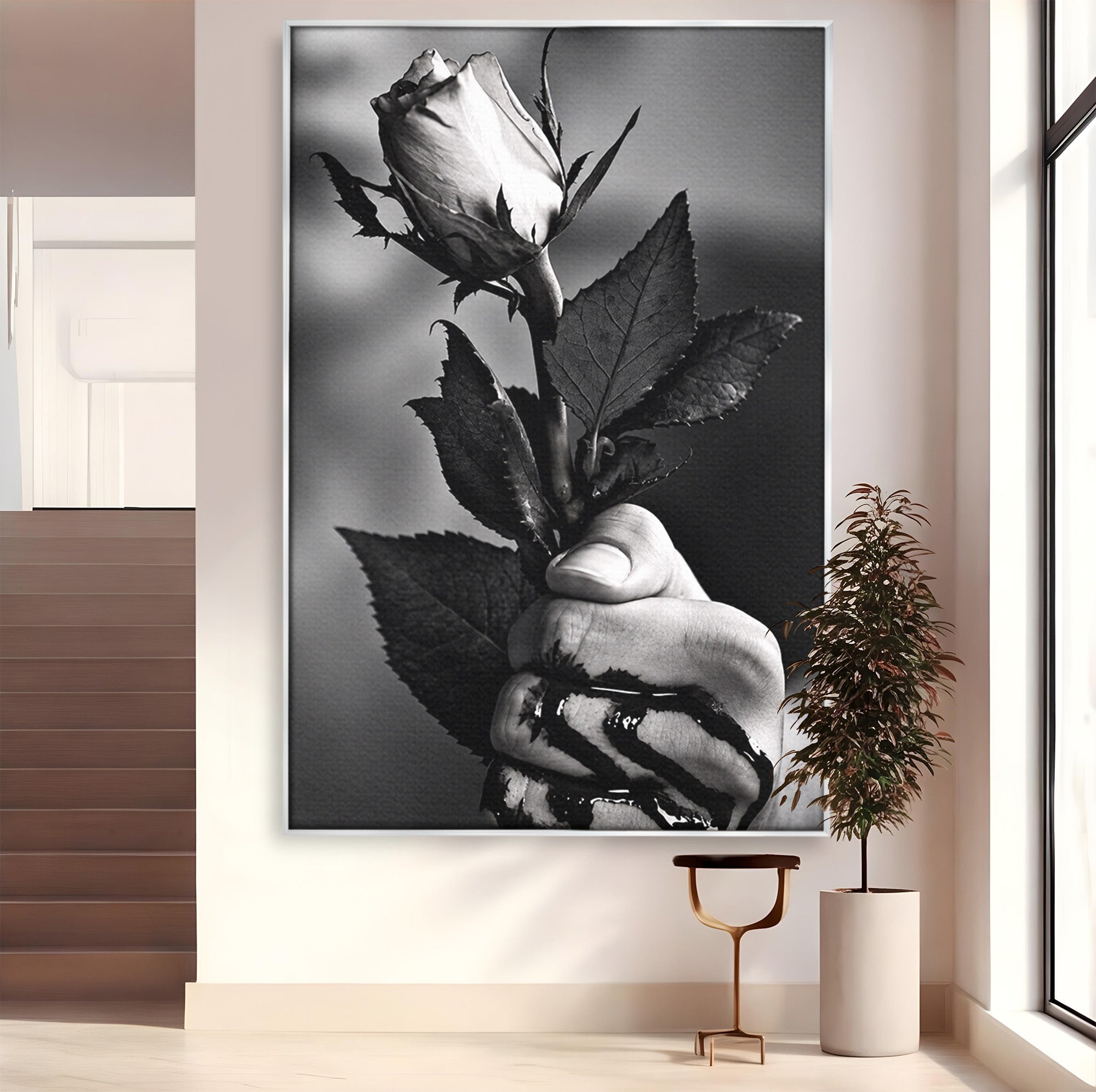 Tablou Canvas Premium LuxCanva® U1041, Trandafir In Mana, Alb-Negru, Contrast, Arta, Trandafir,  Dormitor, Culori Vibrante