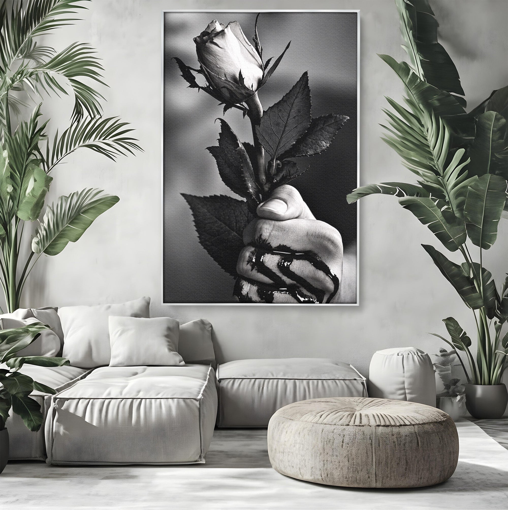 Tablou Canvas Premium LuxCanva® U1041, Trandafir In Mana, Alb-Negru, Contrast, Arta, Trandafir,  Dormitor, Culori Vibrante
