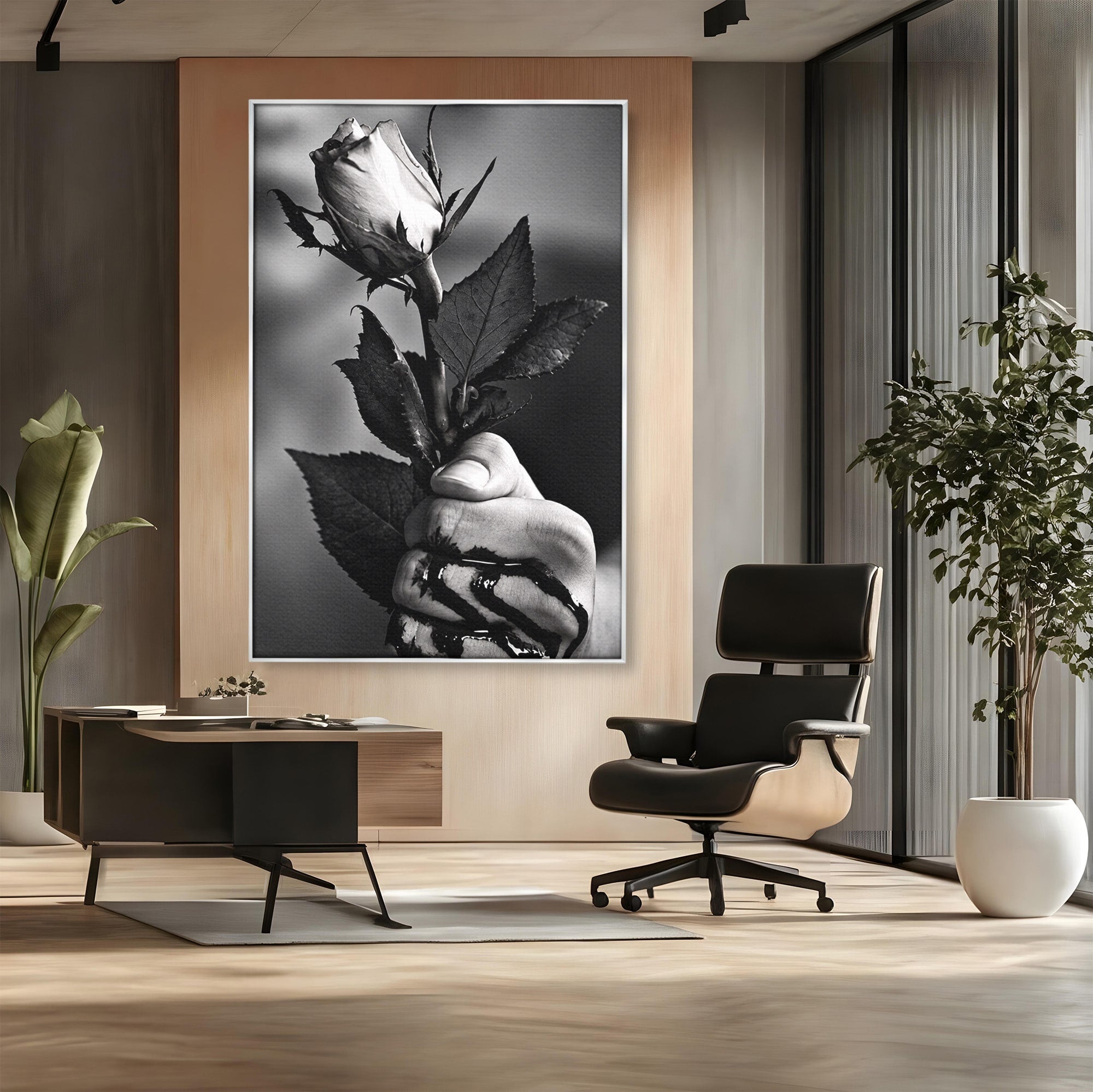 Tablou Canvas Premium LuxCanva® U1041, Trandafir In Mana, Alb-Negru, Contrast, Arta, Trandafir,  Dormitor, Culori Vibrante