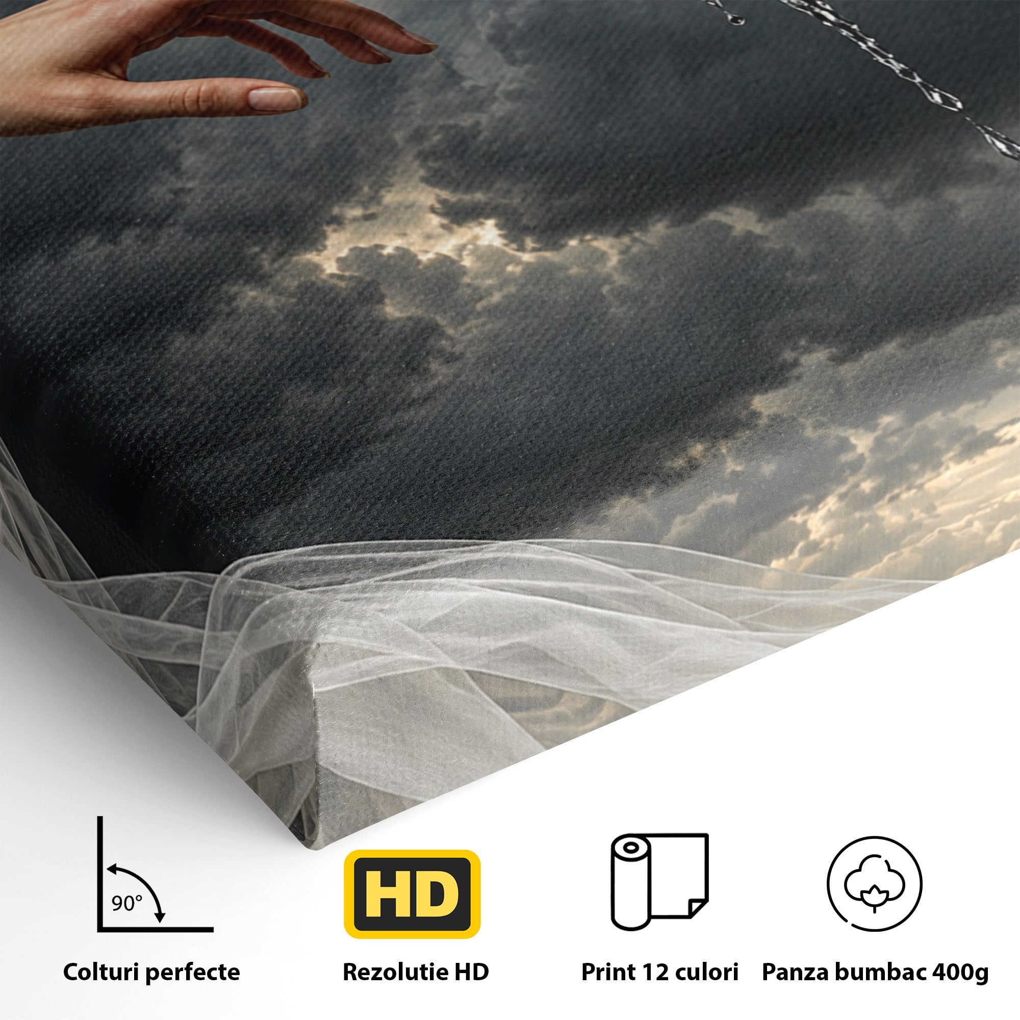 Tablou Canvas Premium LuxCanva® U1042, Atingerea Contrastelor,  Mana, Trandafiri, Nori, Dramatic, Atingere, Living, Culori Vibrante