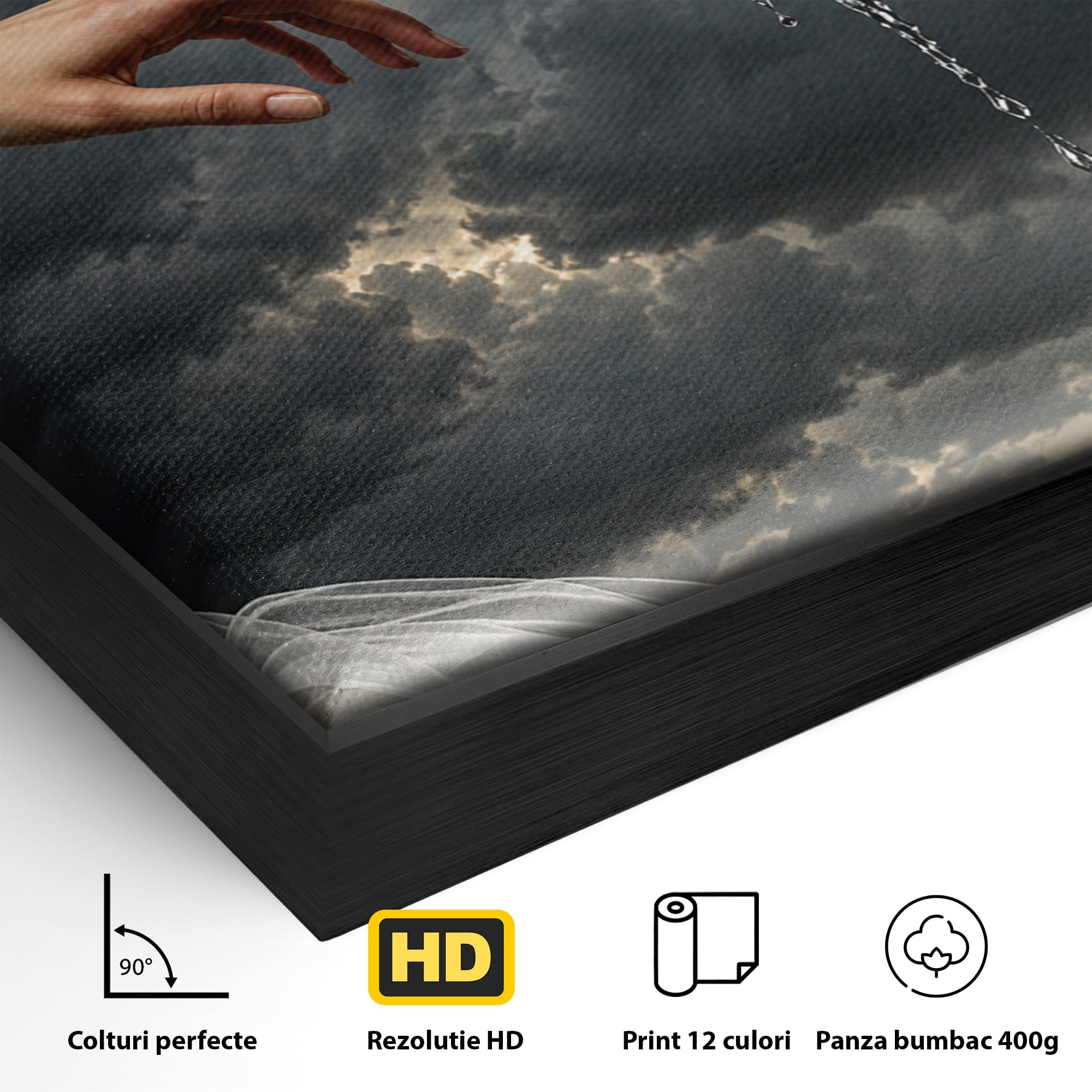 Tablou Canvas Premium LuxCanva® U1042, Atingerea Contrastelor,  Mana, Trandafiri, Nori, Dramatic, Atingere, Living, Culori Vibrante