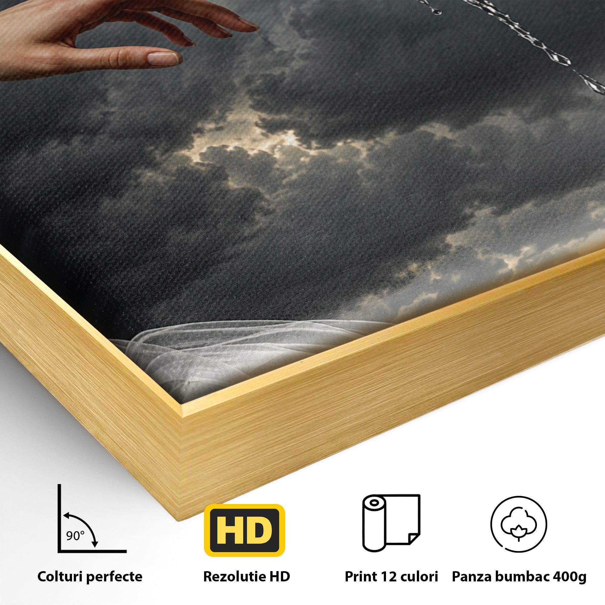 Tablou Canvas Premium LuxCanva® U1042, Atingerea Contrastelor,  Mana, Trandafiri, Nori, Dramatic, Atingere, Living, Culori Vibrante