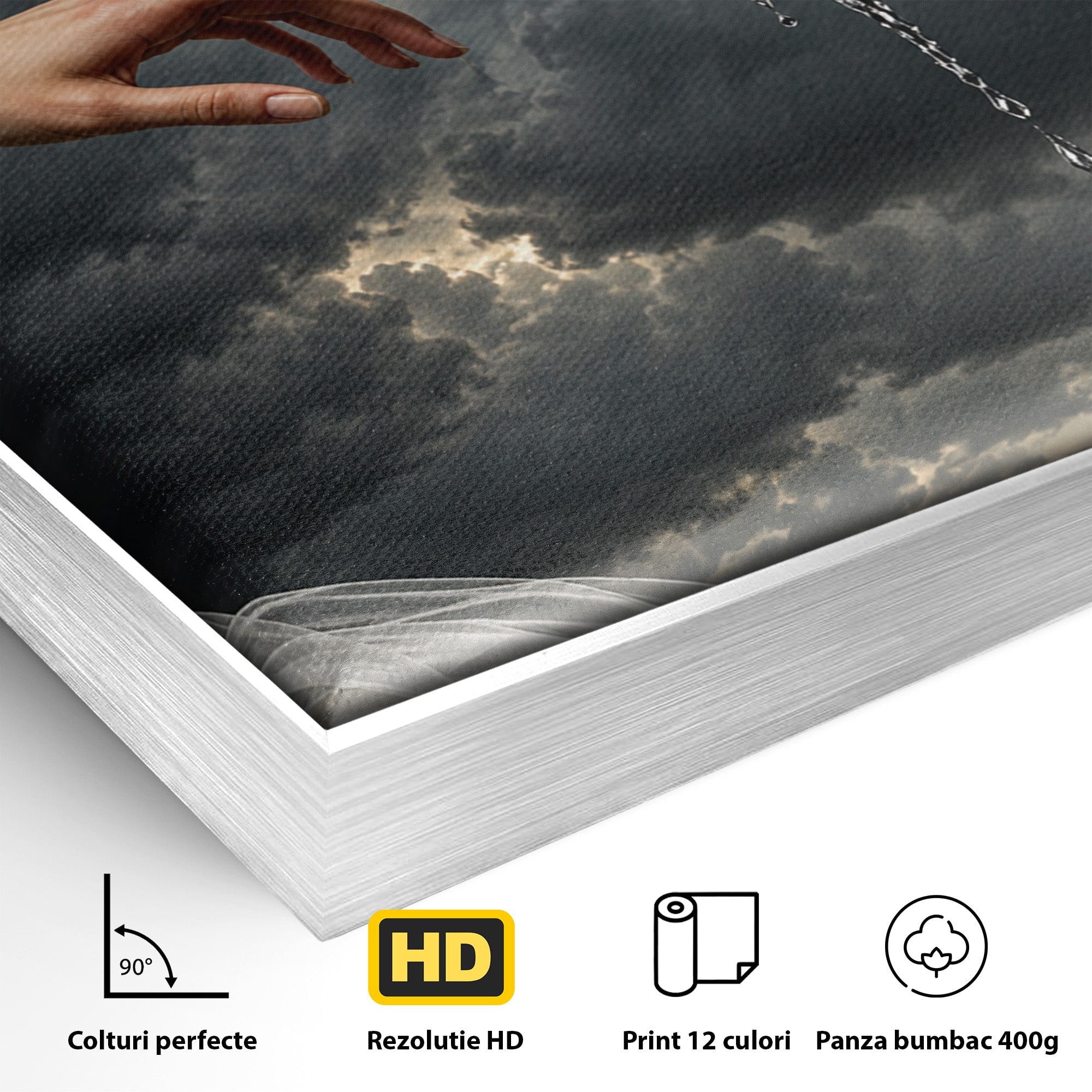 Tablou Canvas Premium LuxCanva® U1042, Atingerea Contrastelor,  Mana, Trandafiri, Nori, Dramatic, Atingere, Living, Culori Vibrante