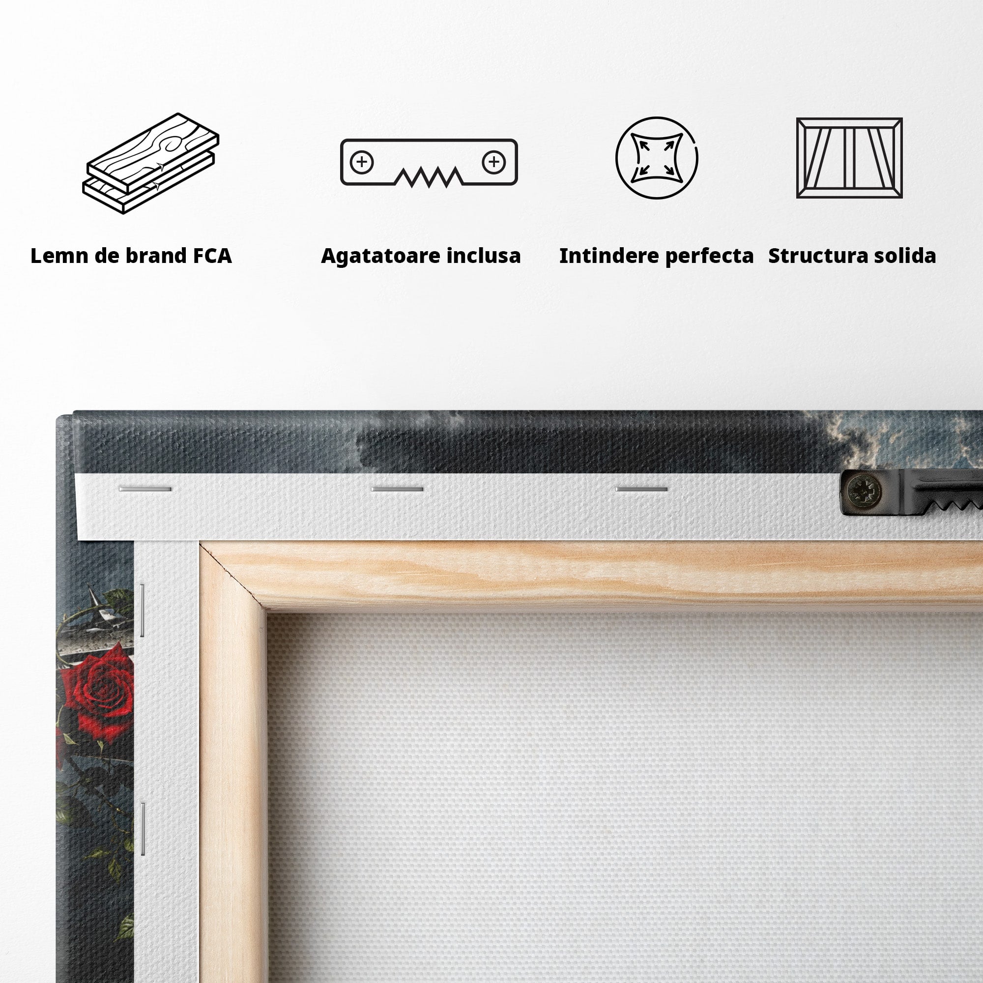 Tablou Canvas Premium LuxCanva® U1042, Atingerea Contrastelor,  Mana, Trandafiri, Nori, Dramatic, Atingere, Living, Culori Vibrante