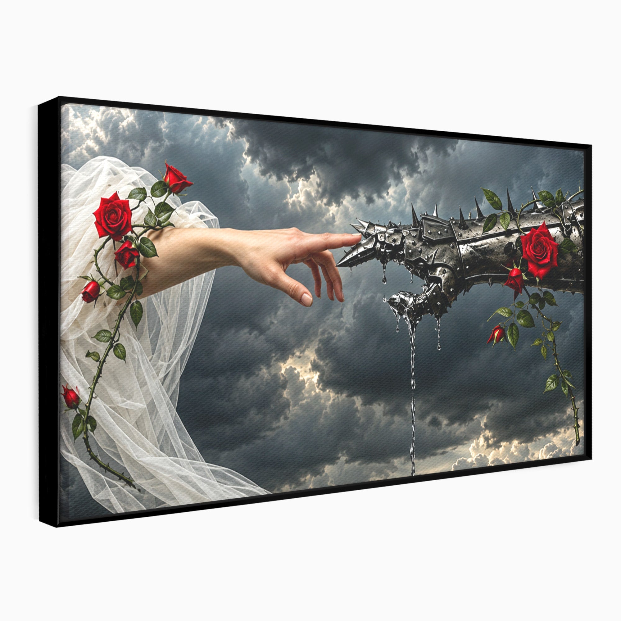 Tablou Canvas Premium LuxCanva® U1042, Atingerea Contrastelor,  Mana, Trandafiri, Nori, Dramatic, Atingere, Living, Culori Vibrante