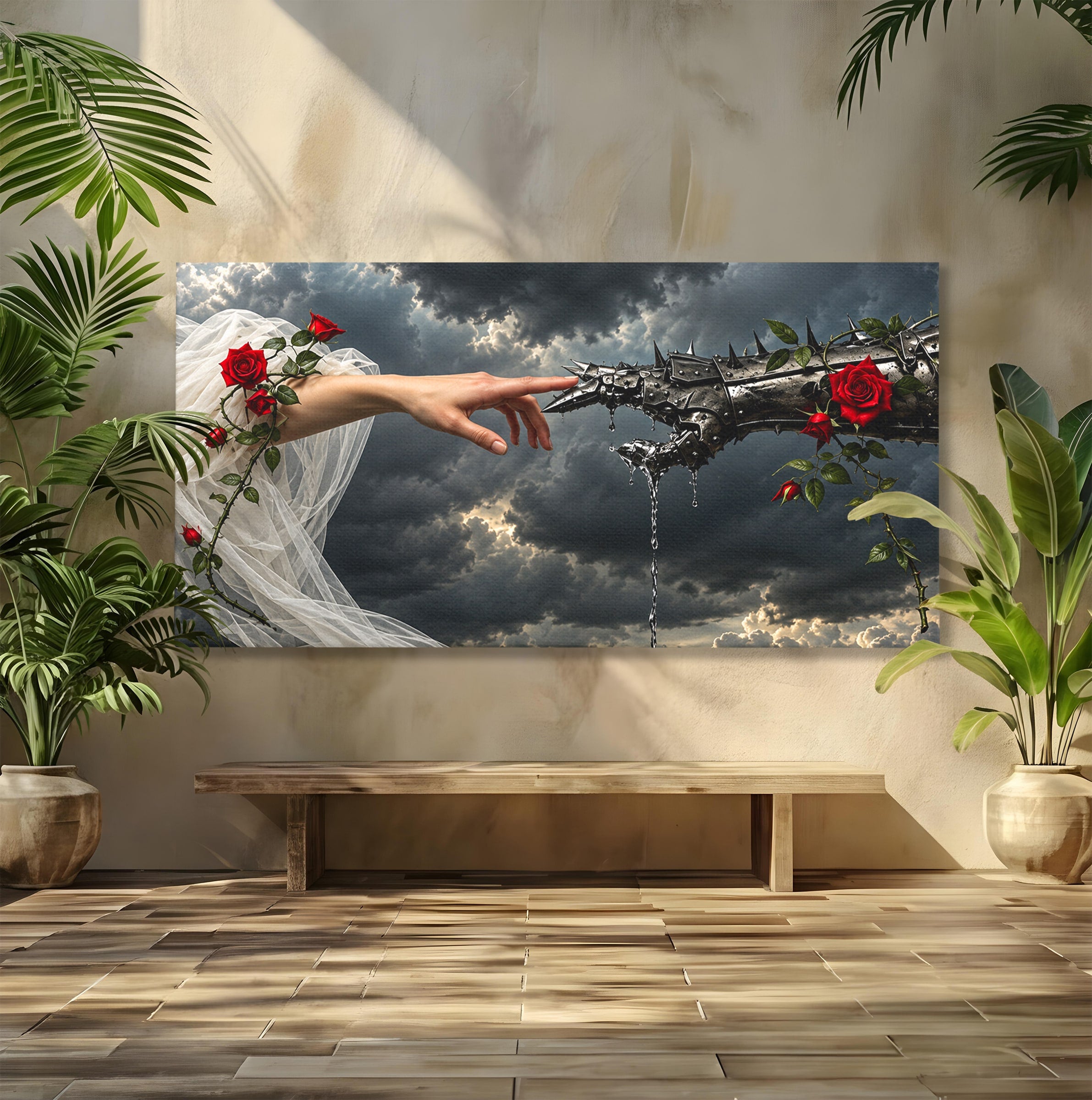 Tablou Canvas Premium LuxCanva® U1042, Atingerea Contrastelor,  Mana, Trandafiri, Nori, Dramatic, Atingere, Living, Culori Vibrante