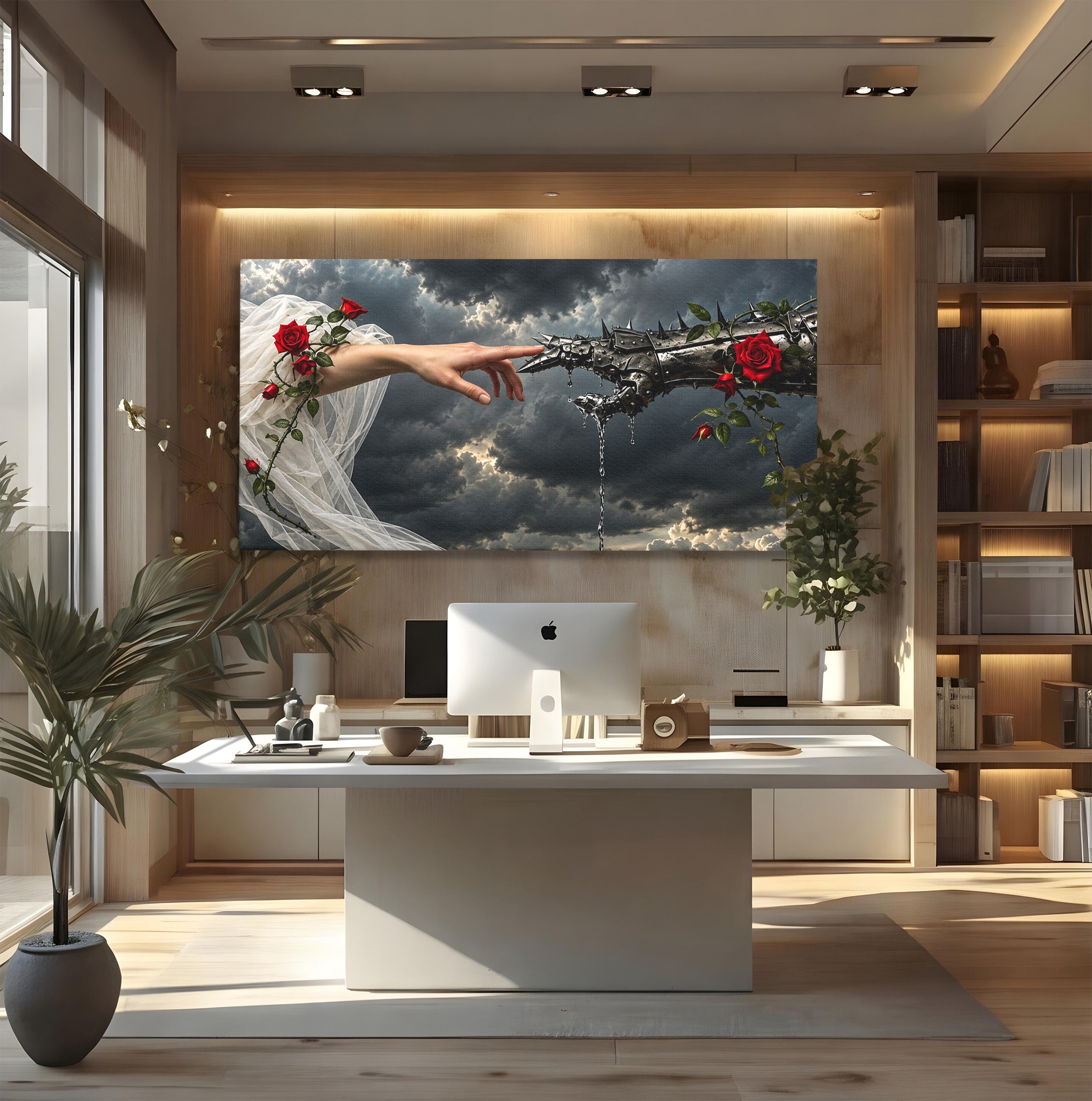 Tablou Canvas Premium LuxCanva® U1042, Atingerea Contrastelor,  Mana, Trandafiri, Nori, Dramatic, Atingere, Living, Culori Vibrante
