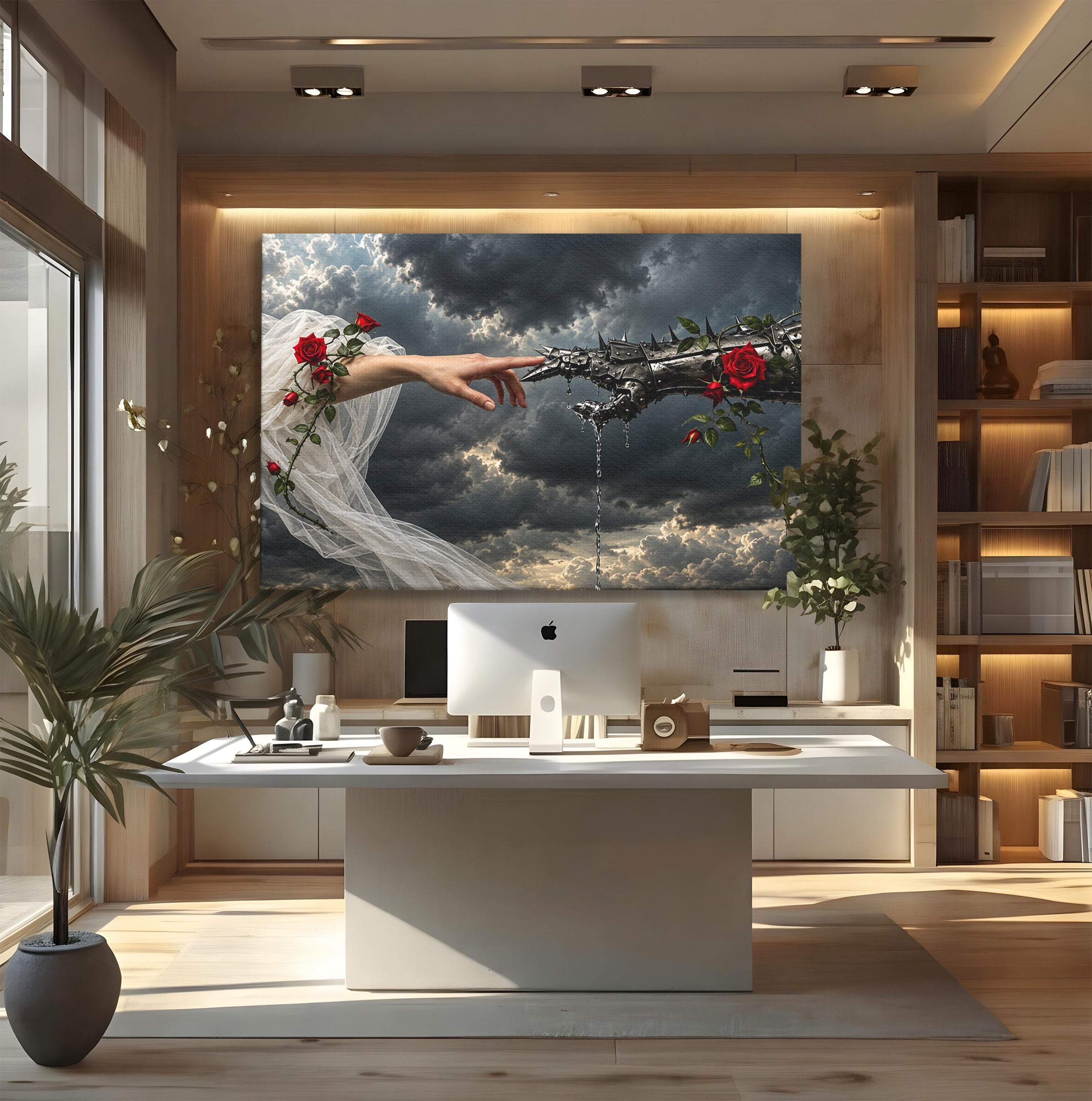 Tablou Canvas Premium LuxCanva® U1042, Atingerea Contrastelor,  Mana, Trandafiri, Nori, Dramatic, Atingere, Living, Culori Vibrante