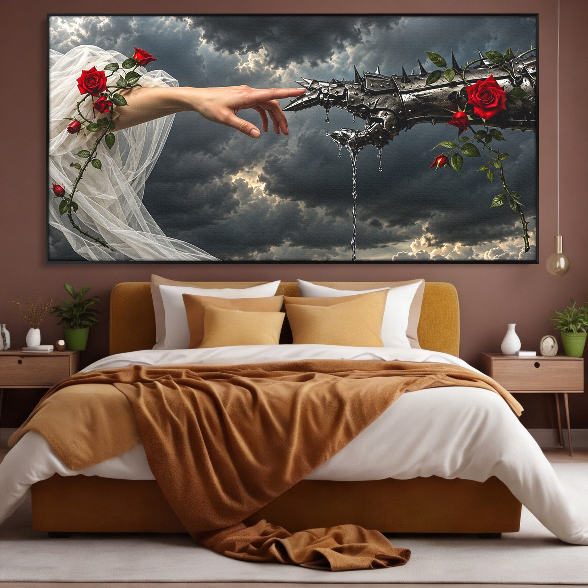 Tablou Canvas Premium LuxCanva® U1042, Atingerea Contrastelor,  Mana, Trandafiri, Nori, Dramatic, Atingere, Living, Culori Vibrante