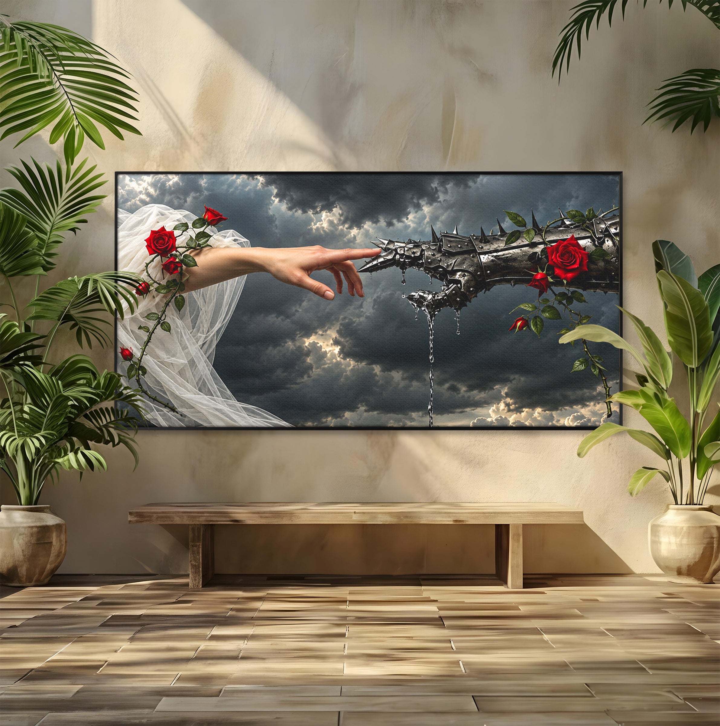 Tablou Canvas Premium LuxCanva® U1042, Atingerea Contrastelor,  Mana, Trandafiri, Nori, Dramatic, Atingere, Living, Culori Vibrante