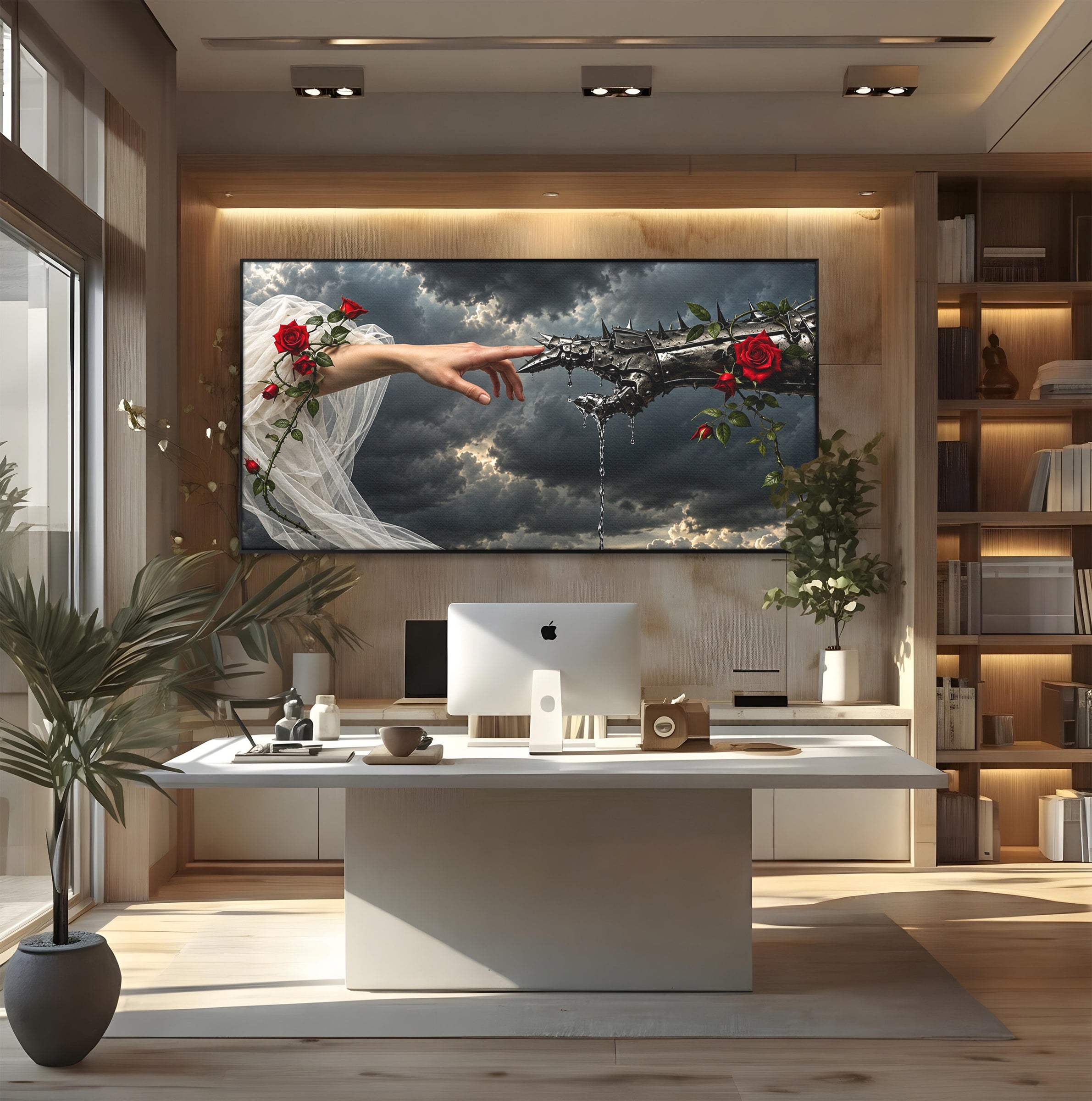 Tablou Canvas Premium LuxCanva® U1042, Atingerea Contrastelor,  Mana, Trandafiri, Nori, Dramatic, Atingere, Living, Culori Vibrante