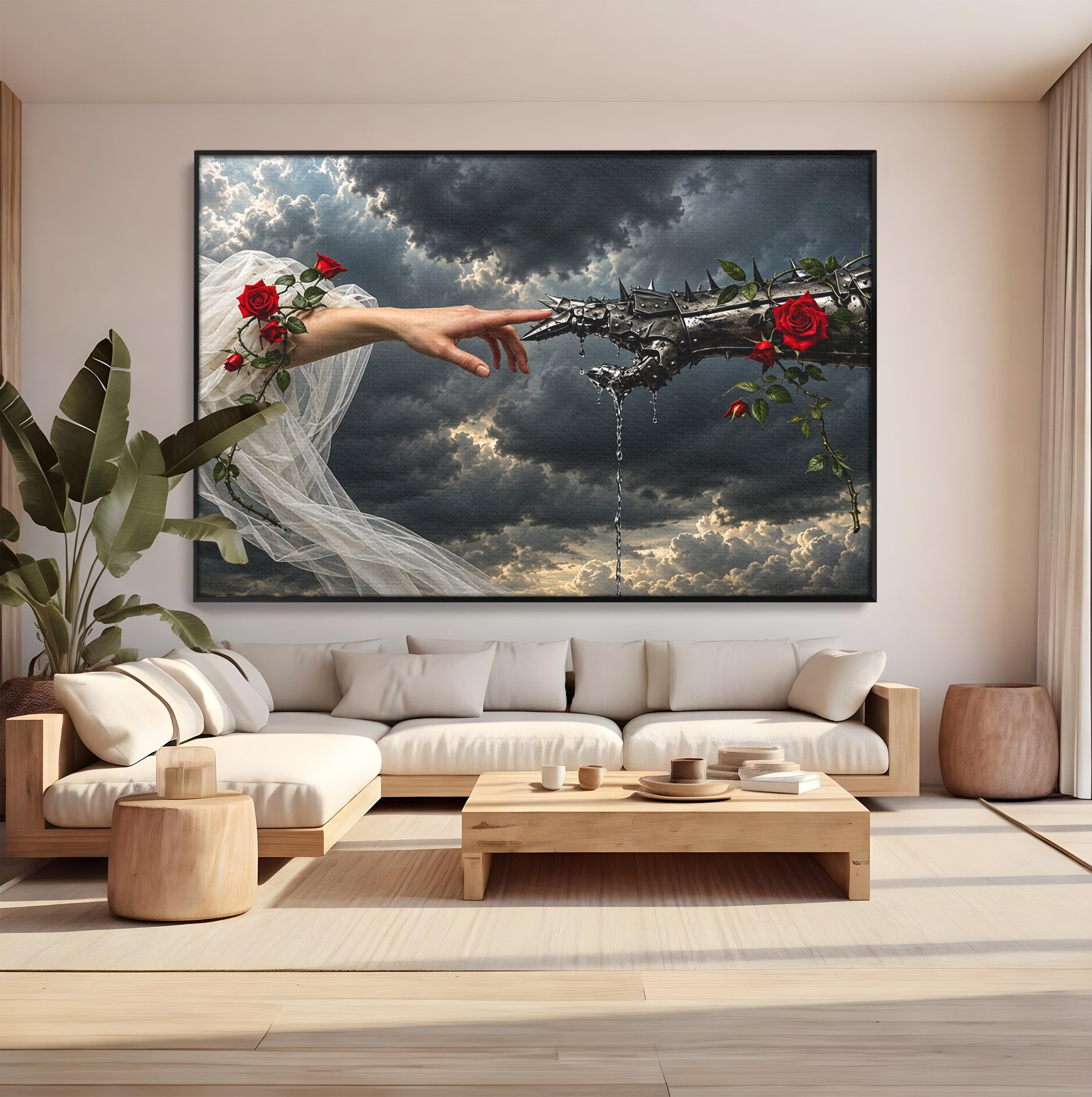 Tablou Canvas Premium LuxCanva® U1042, Atingerea Contrastelor,  Mana, Trandafiri, Nori, Dramatic, Atingere, Living, Culori Vibrante