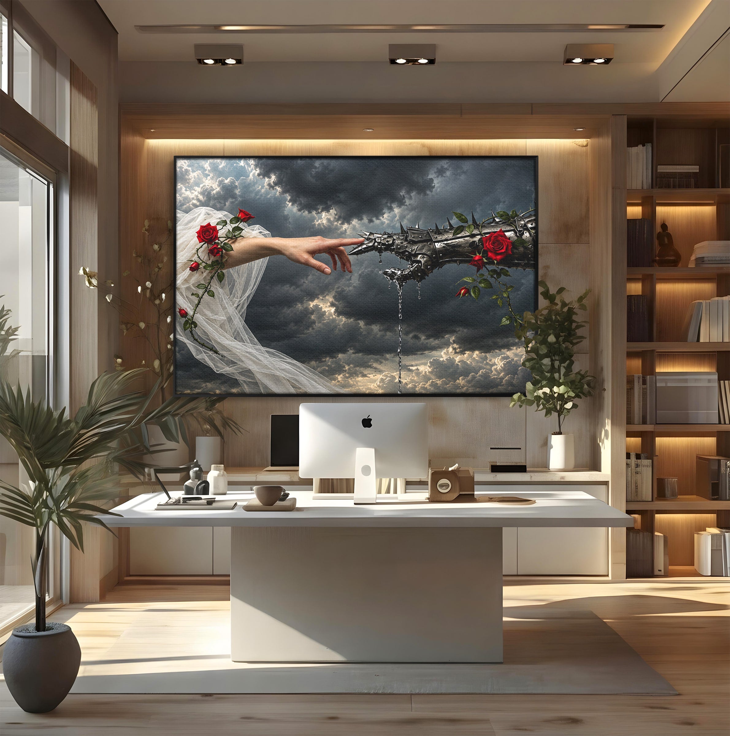 Tablou Canvas Premium LuxCanva® U1042, Atingerea Contrastelor,  Mana, Trandafiri, Nori, Dramatic, Atingere, Living, Culori Vibrante