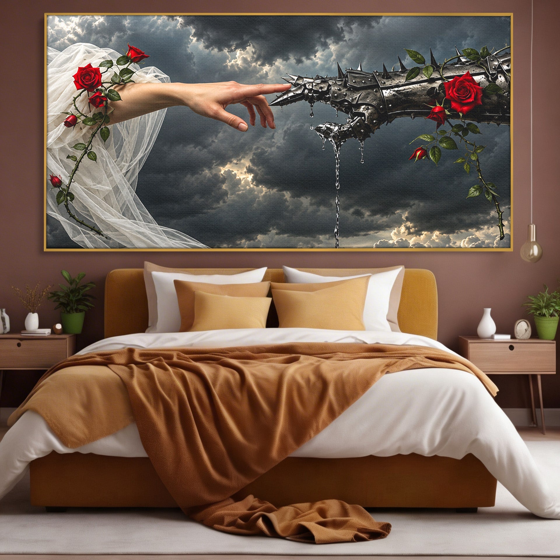Tablou Canvas Premium LuxCanva® U1042, Atingerea Contrastelor,  Mana, Trandafiri, Nori, Dramatic, Atingere, Living, Culori Vibrante