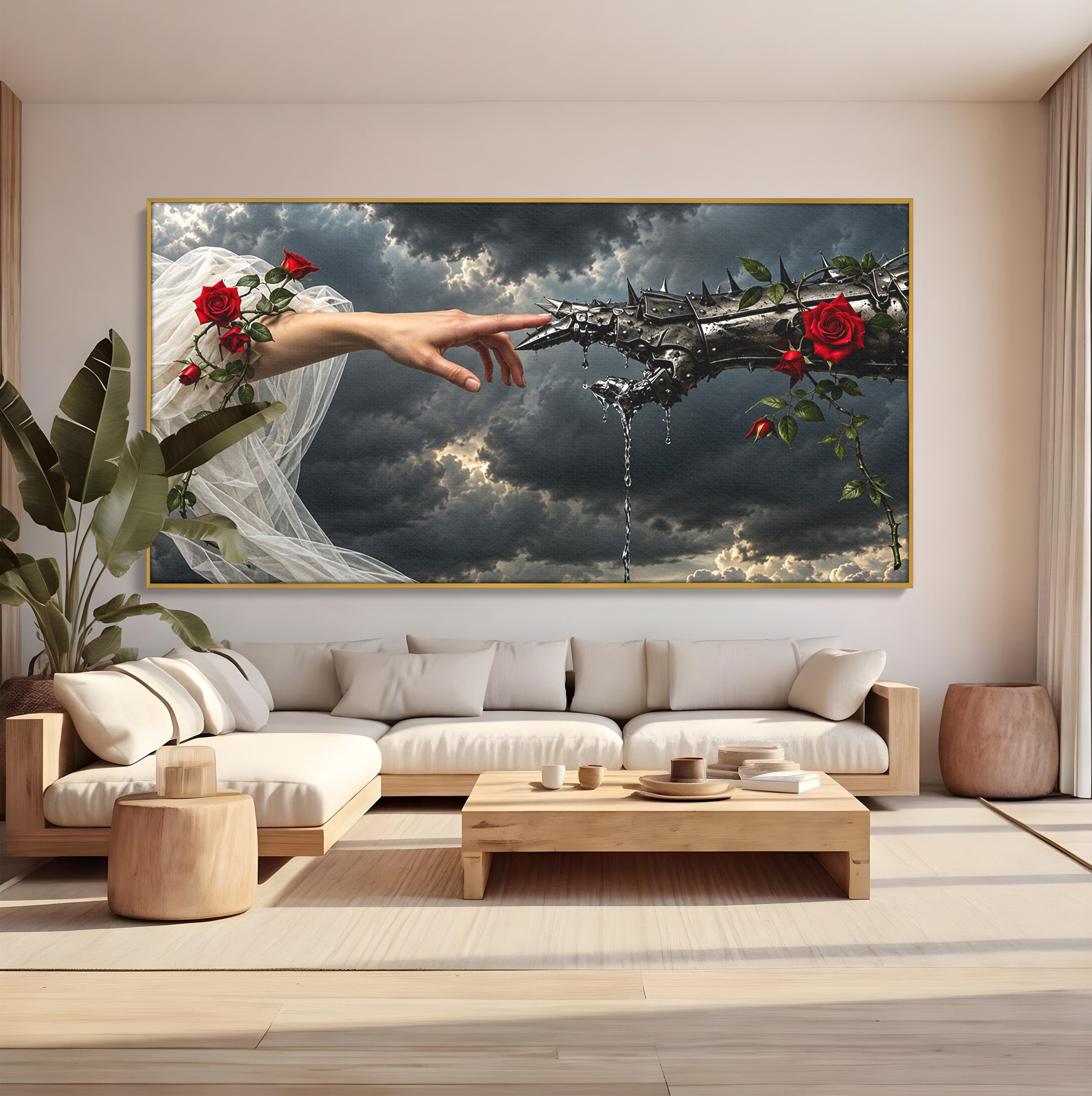 Tablou Canvas Premium LuxCanva® U1042, Atingerea Contrastelor,  Mana, Trandafiri, Nori, Dramatic, Atingere, Living, Culori Vibrante