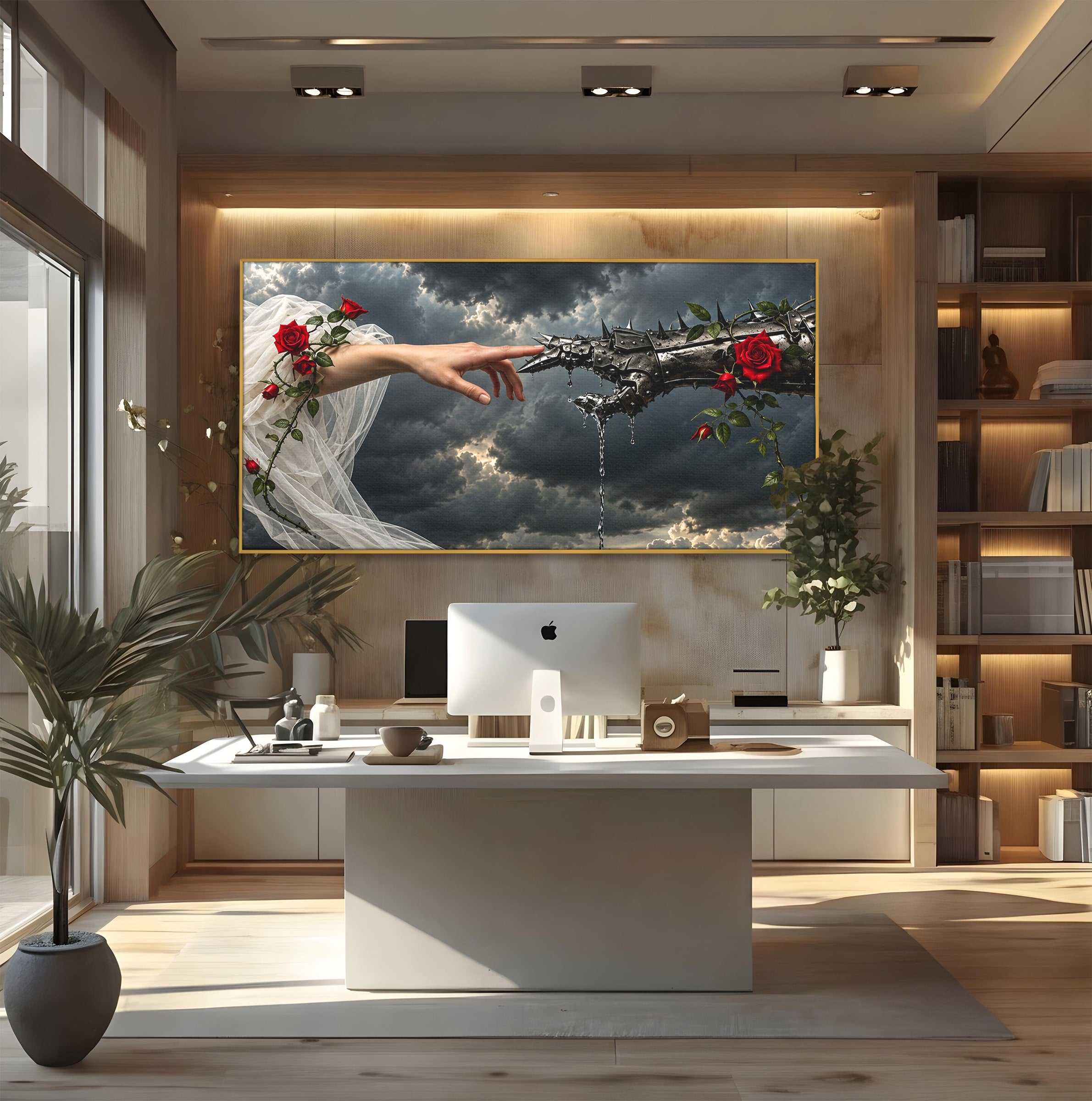 Tablou Canvas Premium LuxCanva® U1042, Atingerea Contrastelor,  Mana, Trandafiri, Nori, Dramatic, Atingere, Living, Culori Vibrante