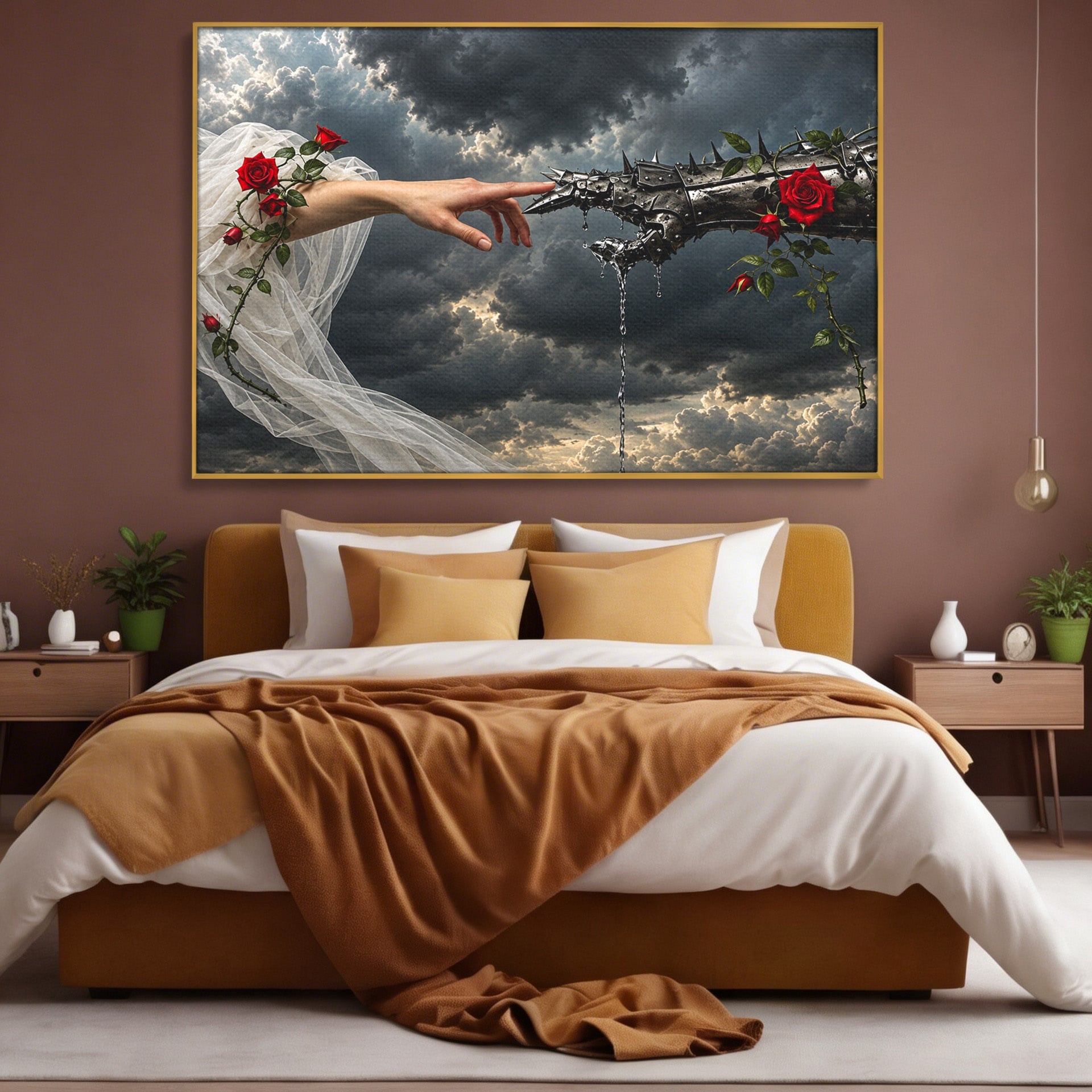 Tablou Canvas Premium LuxCanva® U1042, Atingerea Contrastelor,  Mana, Trandafiri, Nori, Dramatic, Atingere, Living, Culori Vibrante